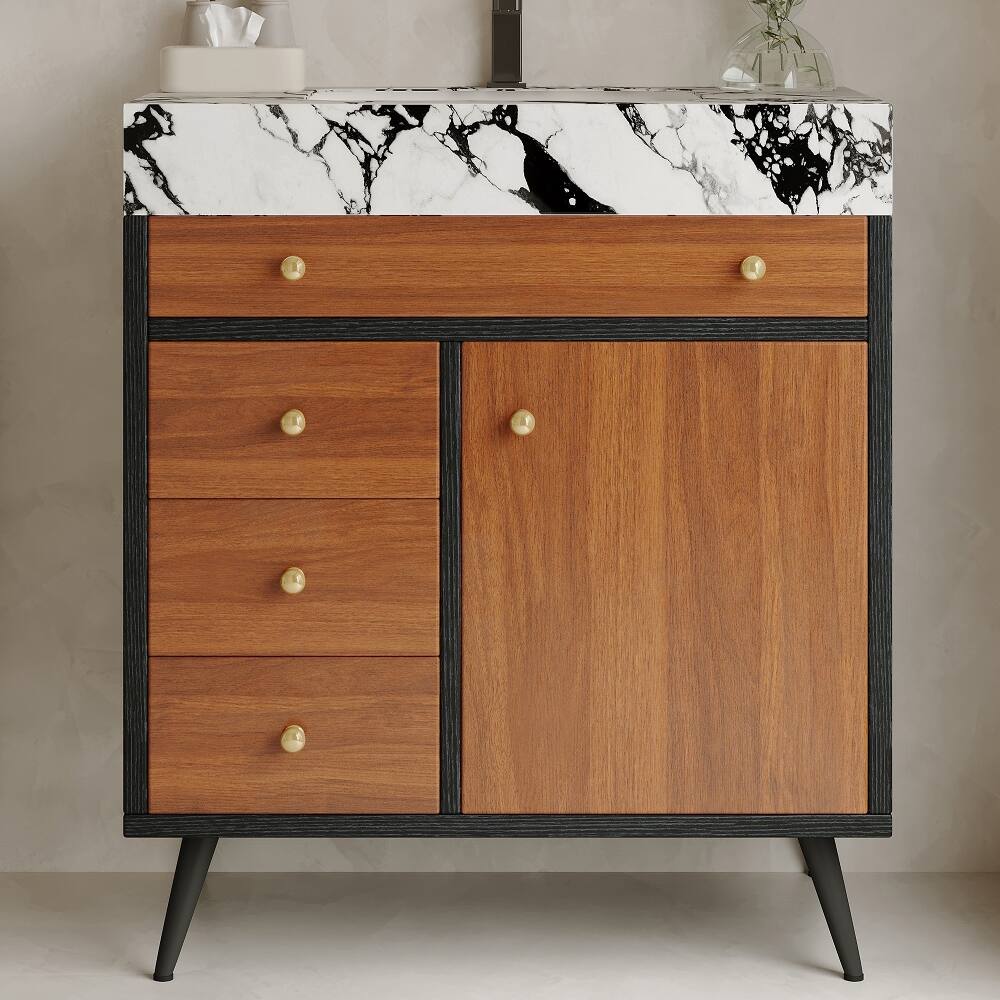 Angle. Loheer - Loheer 30 inch freestanding bathroom vanity with sintered stone vanity top and ceramic sink - Walnut.