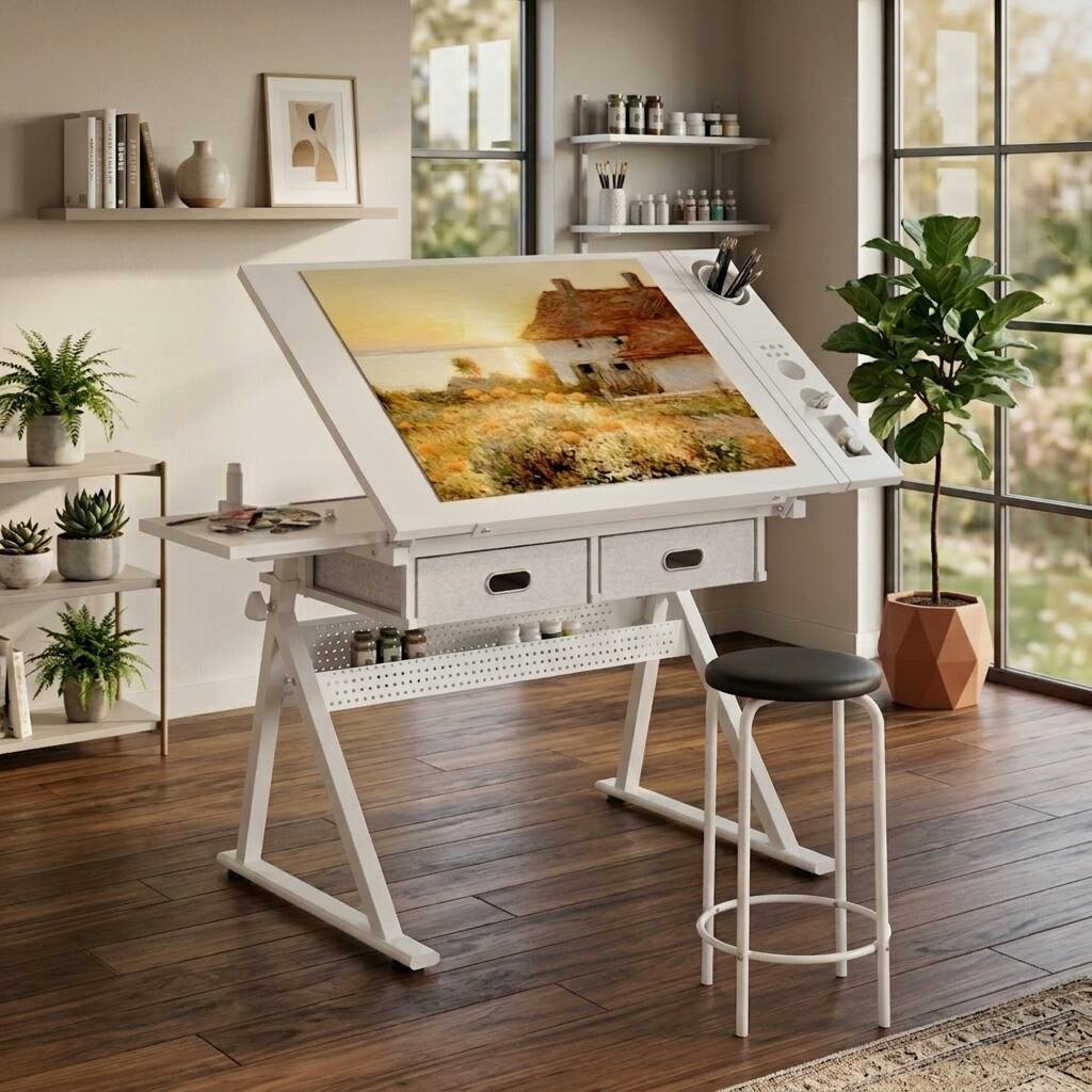 Alt View 4. Bestier - Adjustable Drafting Table Art Desk with Tilting Tabletop, Storage Drawers & Stool, Drawing Desk for Crafting, Writing - All White.