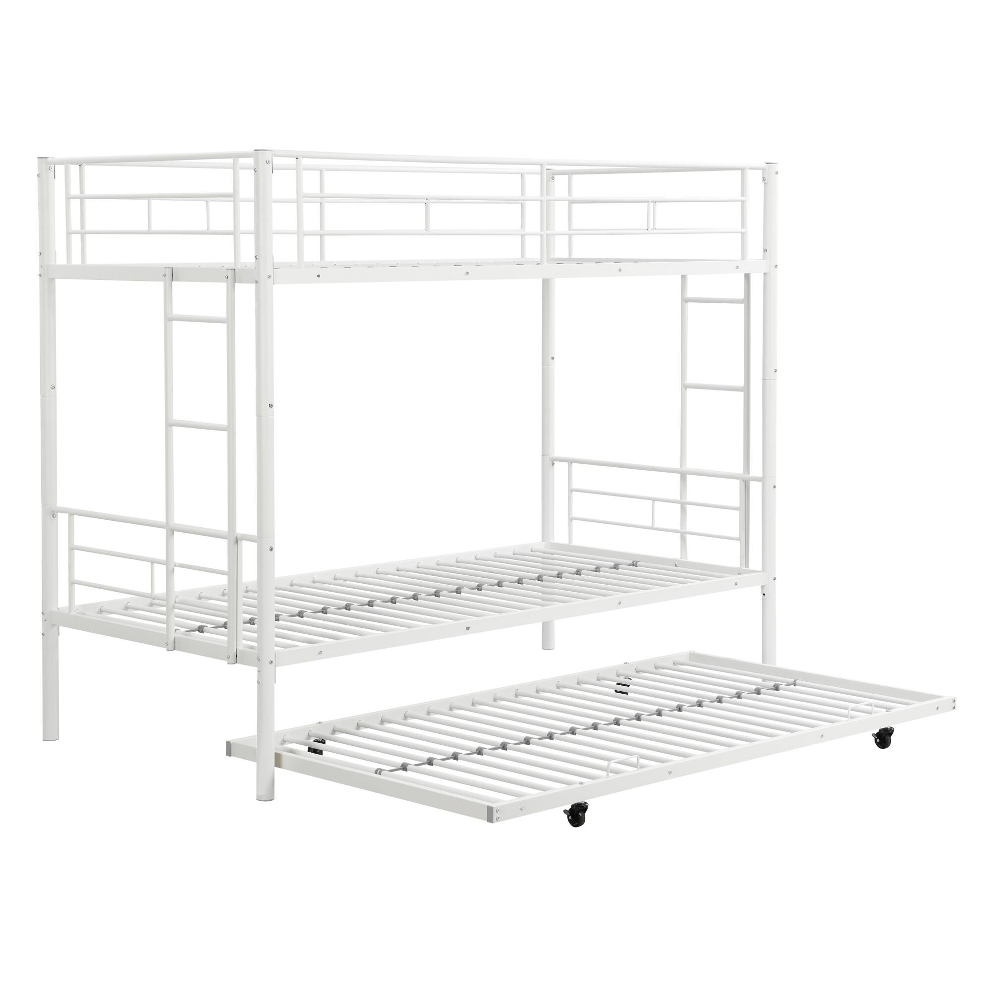 Left. GOODSILO - Modern Metal Bunk Bed with Trundle - Space-Saving Sleeper Solution for Kids and Teens - White.