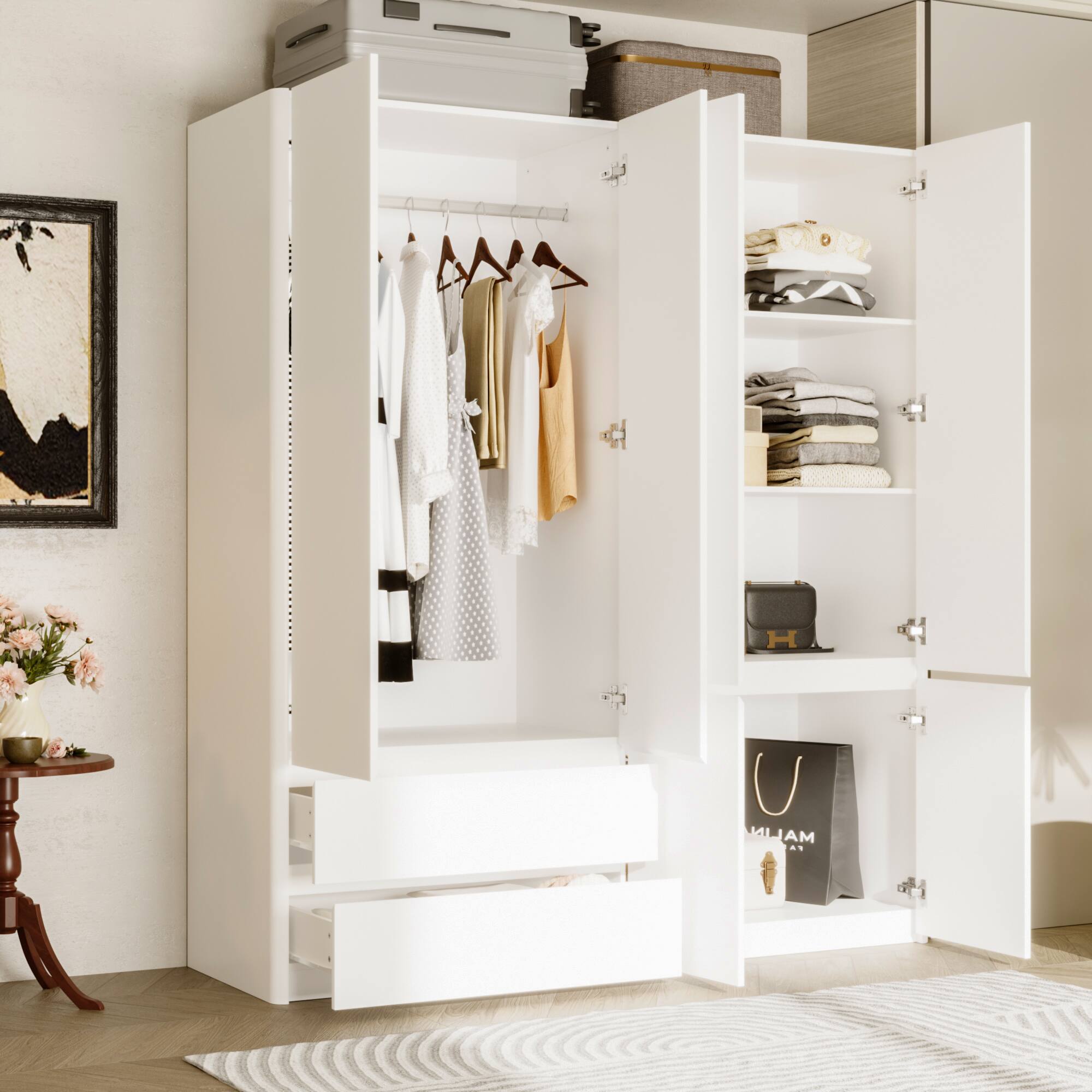 Back. FUFU & GAGA - Luxury Nordic Wardrobe Closet, Modern Large Storage Cabinet with Hanging Rods, Drawers, Shelves & Safety Features - White.
