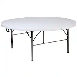 Emma + Oliver - 5.89-Foot Round Bi-Fold Plastic Banquet and Event Folding Table with Carrying Handle - Granite White