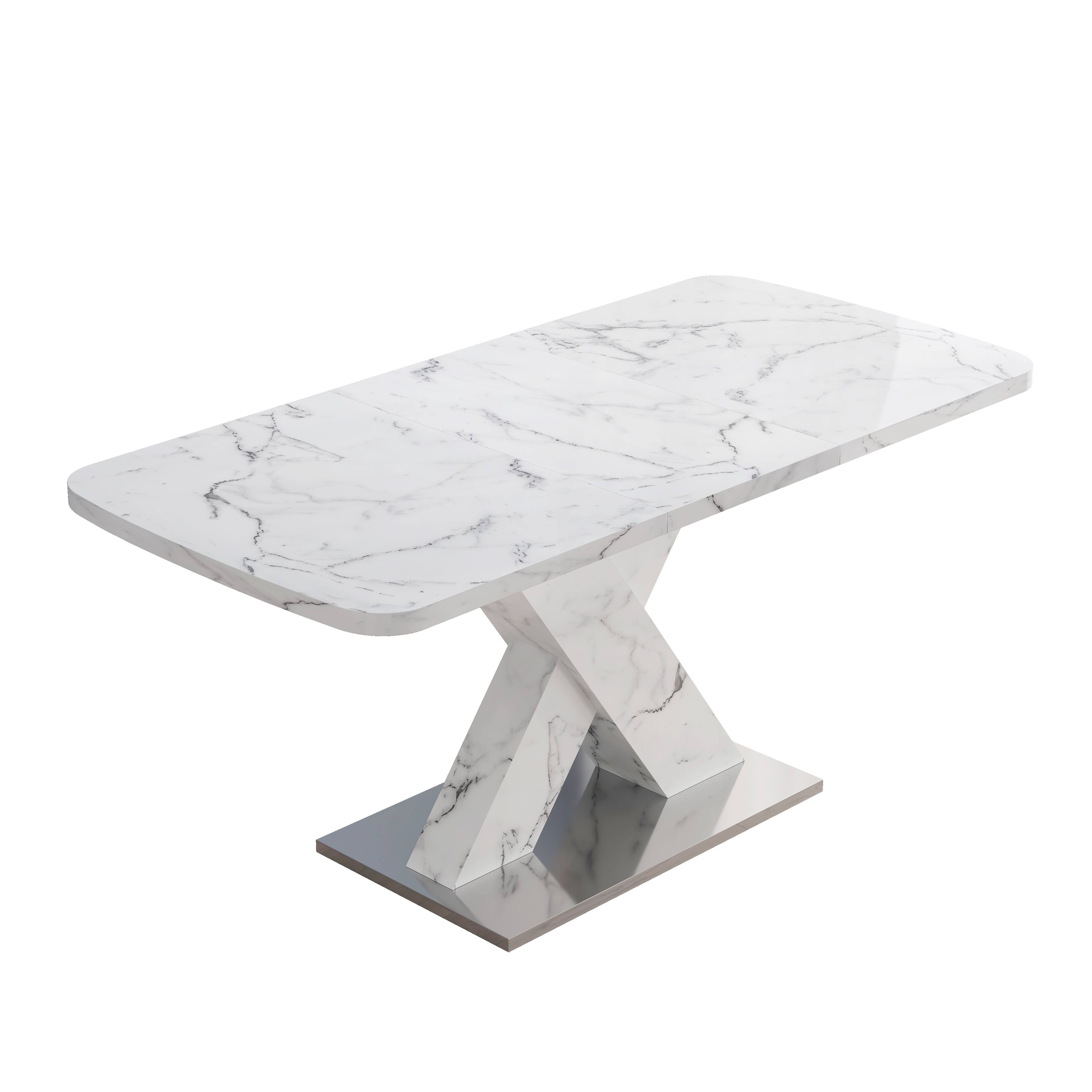 Alt View 2. Tiramisubest - Modern Square Dining Table, Stretchable, Printed White Marble Table Top + MDF X-Shape Table Leg with Metal Base - White.