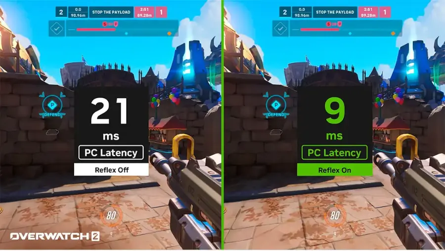 The text on the image can be grouped and corrected as follows:

1. 21 ms PC Latency Reflex Off
2. 9 ms PC Latency Reflex On
3. 02 02 80 80 Q OVERWATCH 2