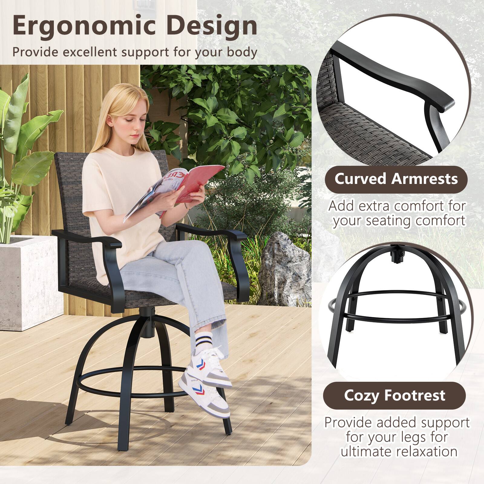 Ergonomic Design: Provide excellent support for your body.

Curved Armrests: Add extra comfort for your seating comfort.

Cozy Footrest: Provide added support for your legs for ultimate relaxation.