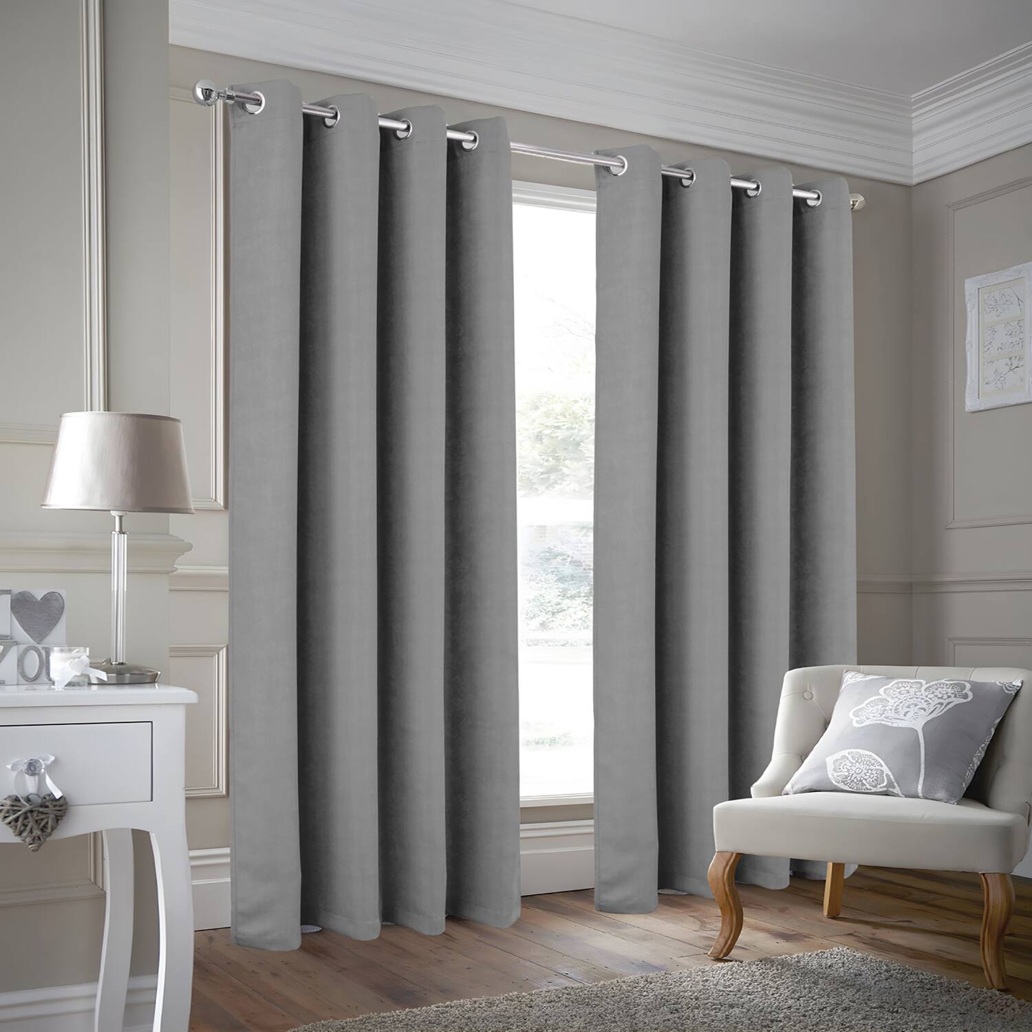 Left. Olivia Gray - Olivia Gray 100% Polyester 190 GSM Justice Reversible Blackout Grommet Curtain Panel 54" x 90" Grey - Grey.