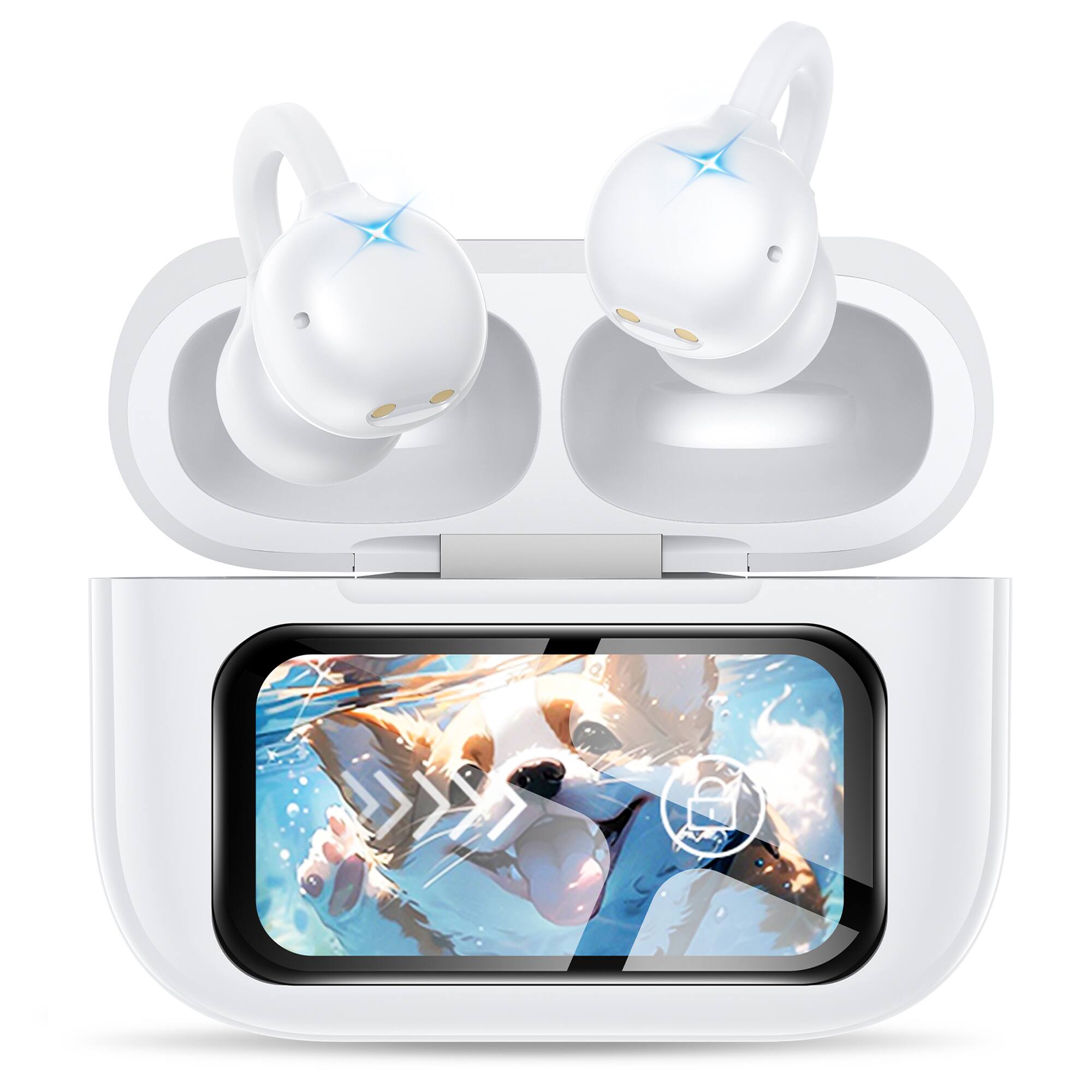 Trigiz - Open-Ear Wireless Clip-On Earbuds with Touch Screen, 60H Playtime, Bluetooth 6.0, IPX7 Waterproof, Secure Fit for Runnig - White
