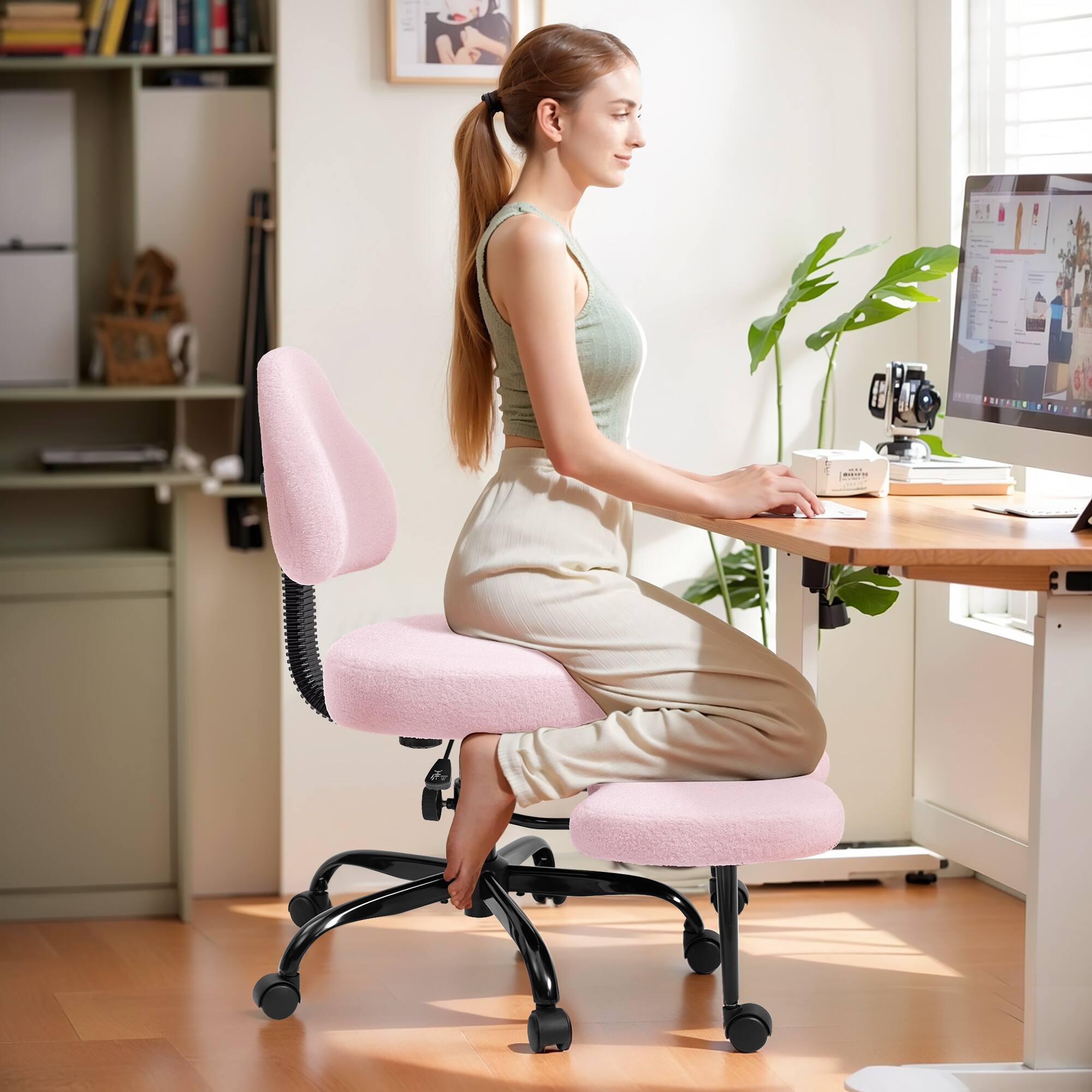 Alt View 3. KERDOM - Pink Wool Ergonomic Cross-Legged Office Chair for ADHD, Wheeled Swivel Kneeling Chair, Wide Seat & Retractable Footrest - Wool Pink.