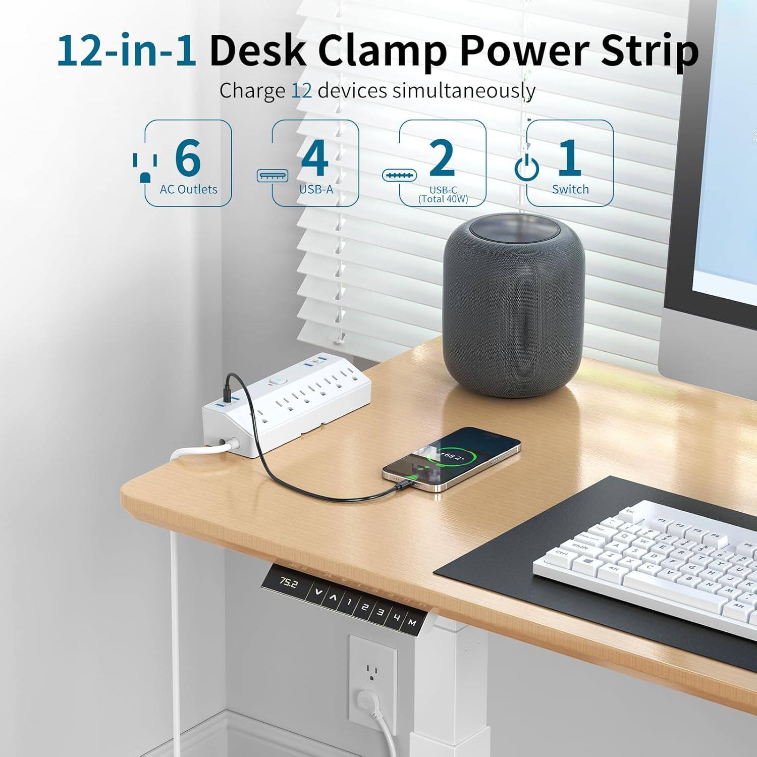 12-in-1 Desk Clamp Power Strip  
Charge 12 devices simultaneously  
6 AC Outlets  
4 USB-A  
2 USB-C (Total 40W)  
1 Switch