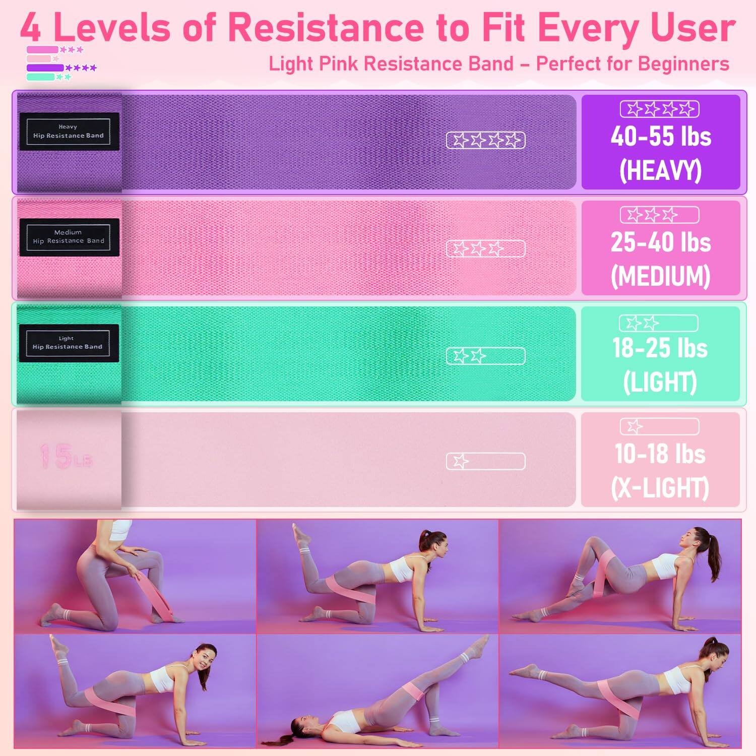 4 Levels of Resistance to Fit Every User

Light Pink Resistance Band - Perfect for Beginners

- Heavy Hip Resistance Band
  - 40-55 lbs (HEAVY)

- Medium Hip Resistance Band
  - 25-40 lbs (MEDIUM)

- Light Hip Resistance Band
  - 18-25 lbs (LIGHT)

- X-Light Hip Resistance Band
  - 10-18 lbs (X-LIGHT)