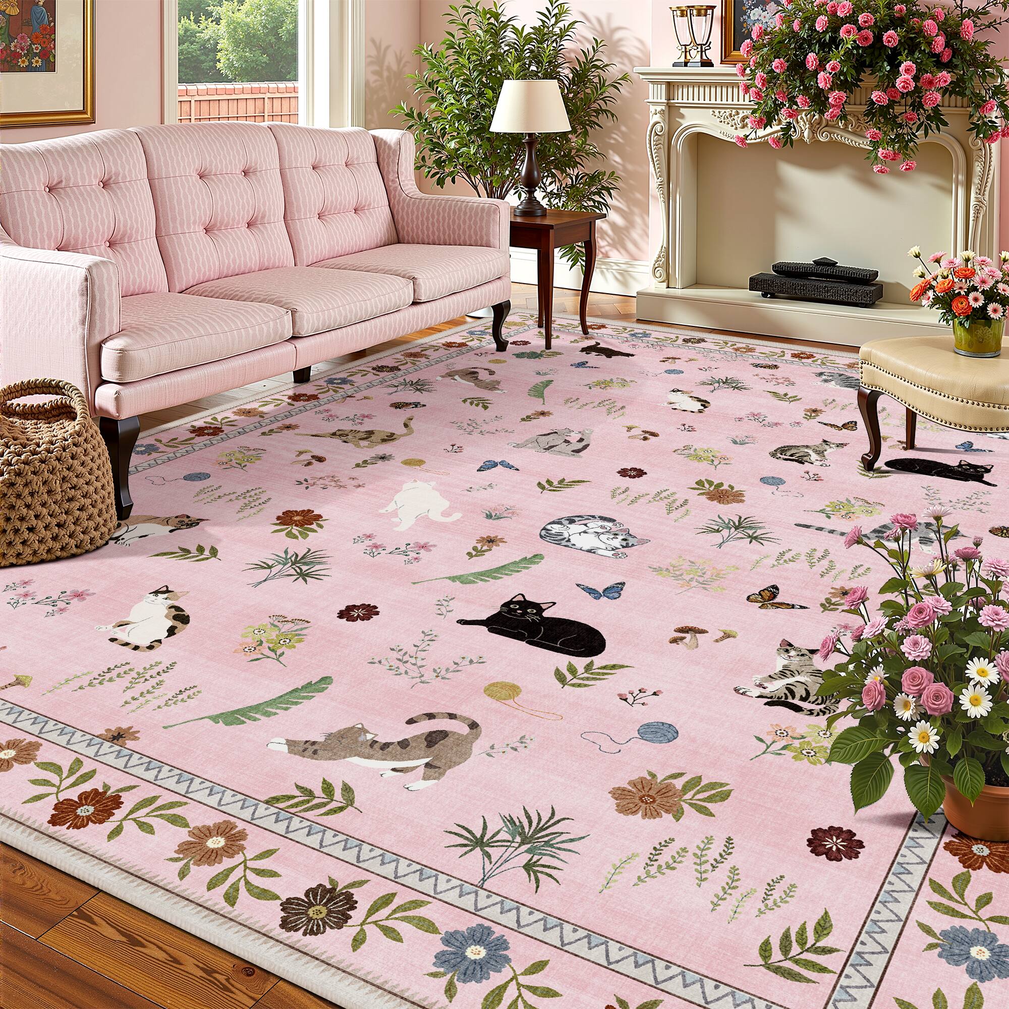 Alt View 4. KERDOM - 8x10' Extra Large Area Rug, Cat-Themed Floral Carpet for Living Room & Master Bedroom, Rubber Backing, Machine Washable - Pink.
