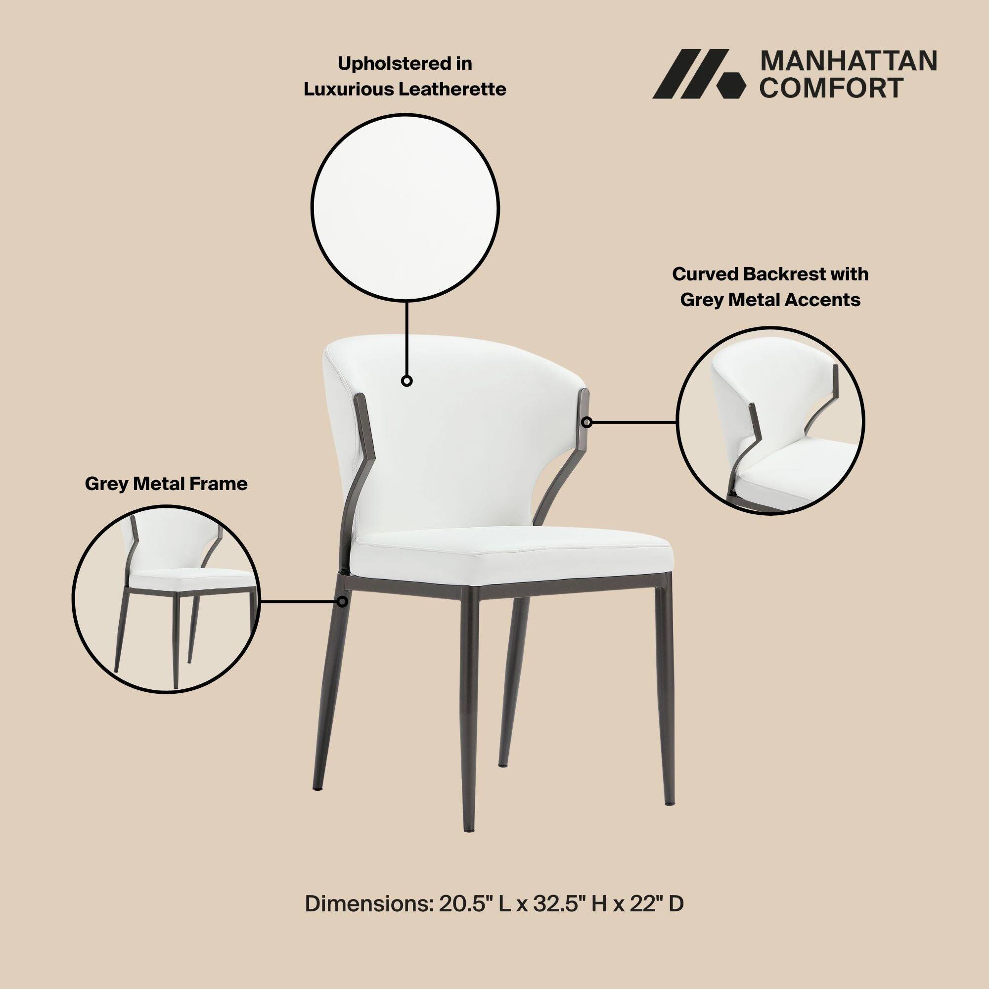 Upholstered in Luxurious Leatherette  
MANHATTAN COMFORT  
Curved Backrest with Grey Metal Accents  
Grey Metal Frame  
Dimensions: 20.5" L x 32.5" H x 22" D