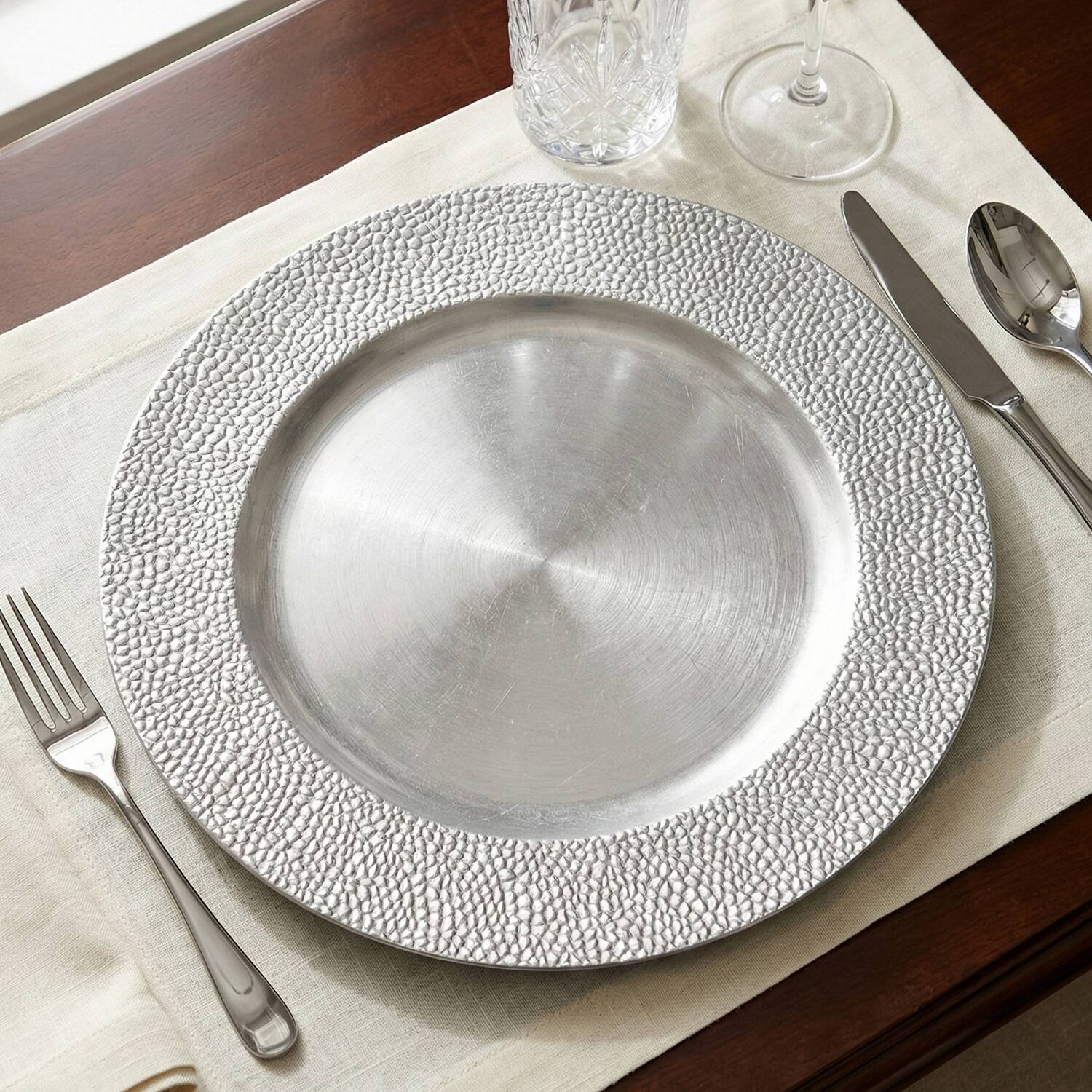 Left. American Atelier - Silver Sand Charger Plate Set- 12 Pieces - Silver.