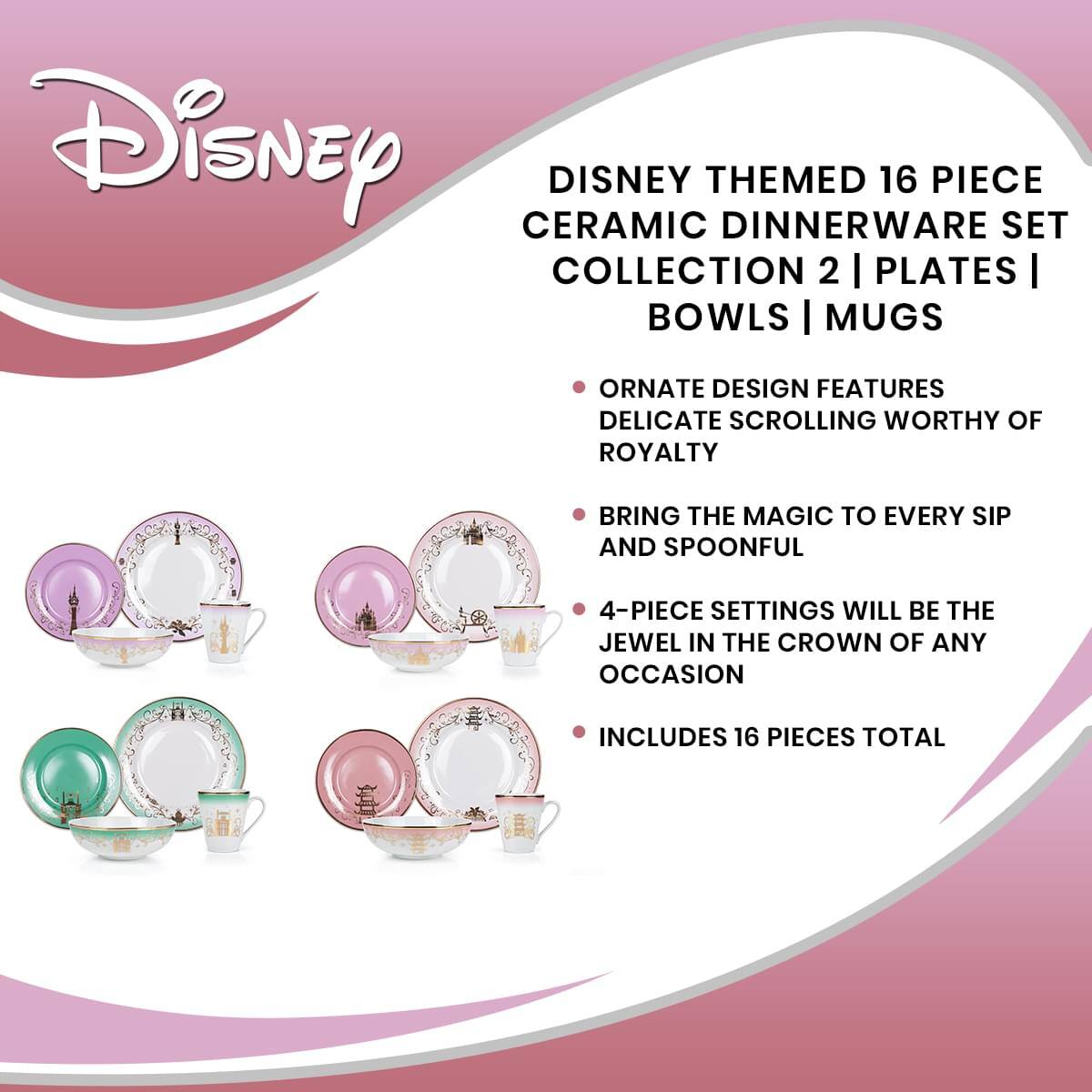 Disney Ceramic Disney Themed Dinnerware 16 Piece Set Collection 2 | Plates | Bowls | Mugs

Ornate Design Features Delicate Scrolling Worthy of Royalty

Bring the Magic to Every Sip and Spoonful

4-Piece Settings Will Be the Jewel in the Crown of Any Occasion

Includes 16 Pieces Total
