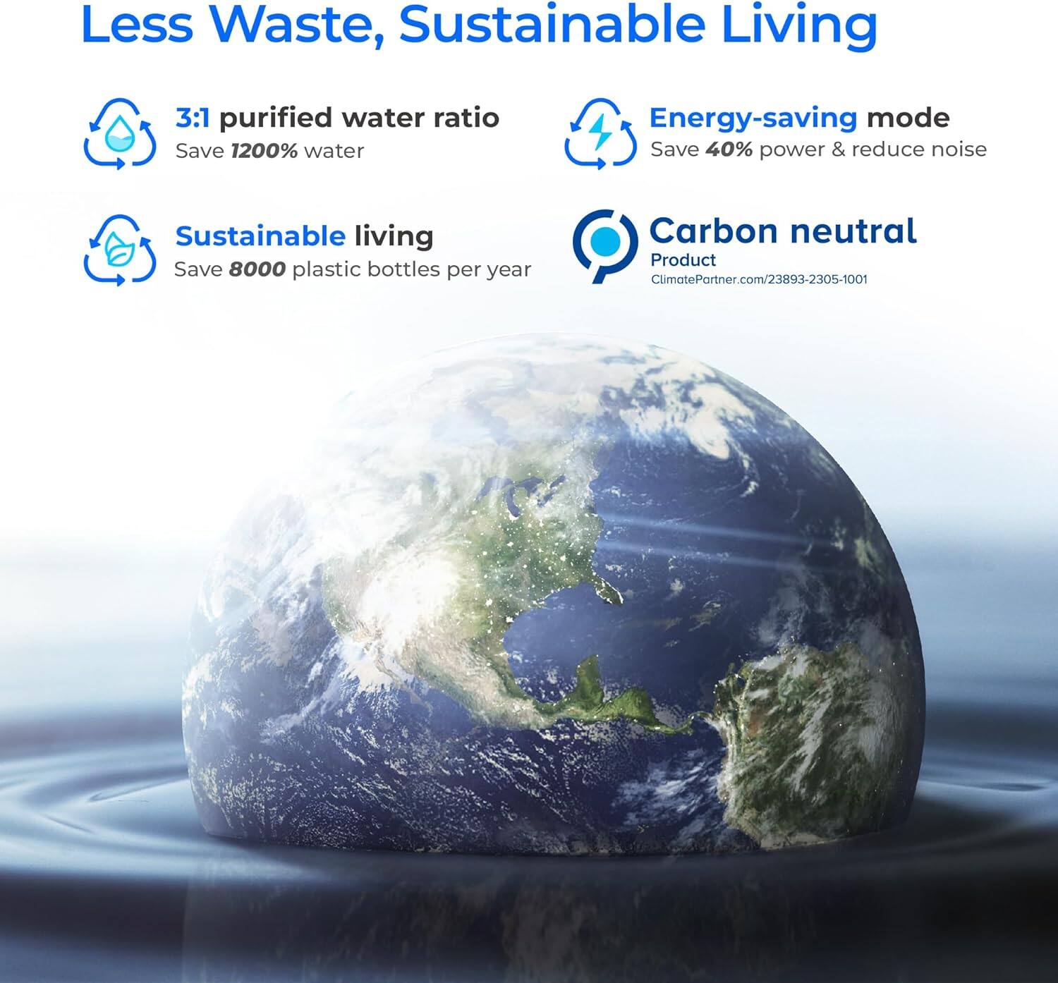 Less Waste, Sustainable Living

- 3:1 purified water ratio
  - Save 1200% water

- Sustainable living
  - Save 8000 plastic bottles per year

- Energy-saving mode
  - Save 40% power & reduce noise

- Carbon neutral product
  - ClimatePartner.com/23893-2305-1001