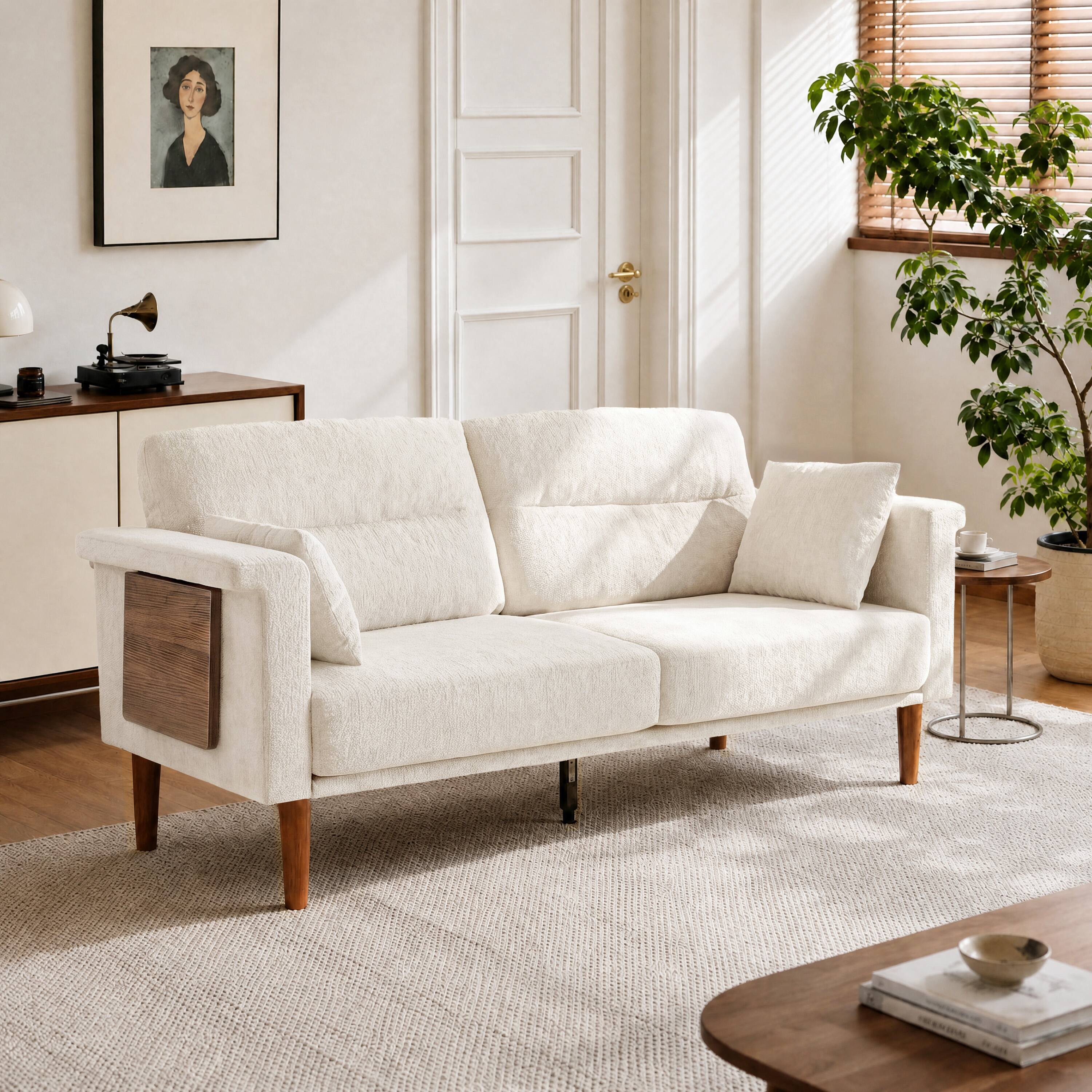 Left. Vipbear - 69" Loveseat Sofa with Foldable Side Table, Modern Small Couches for Bedroom, Small Spaces, Dorms, Office, Apartment - Off-white.