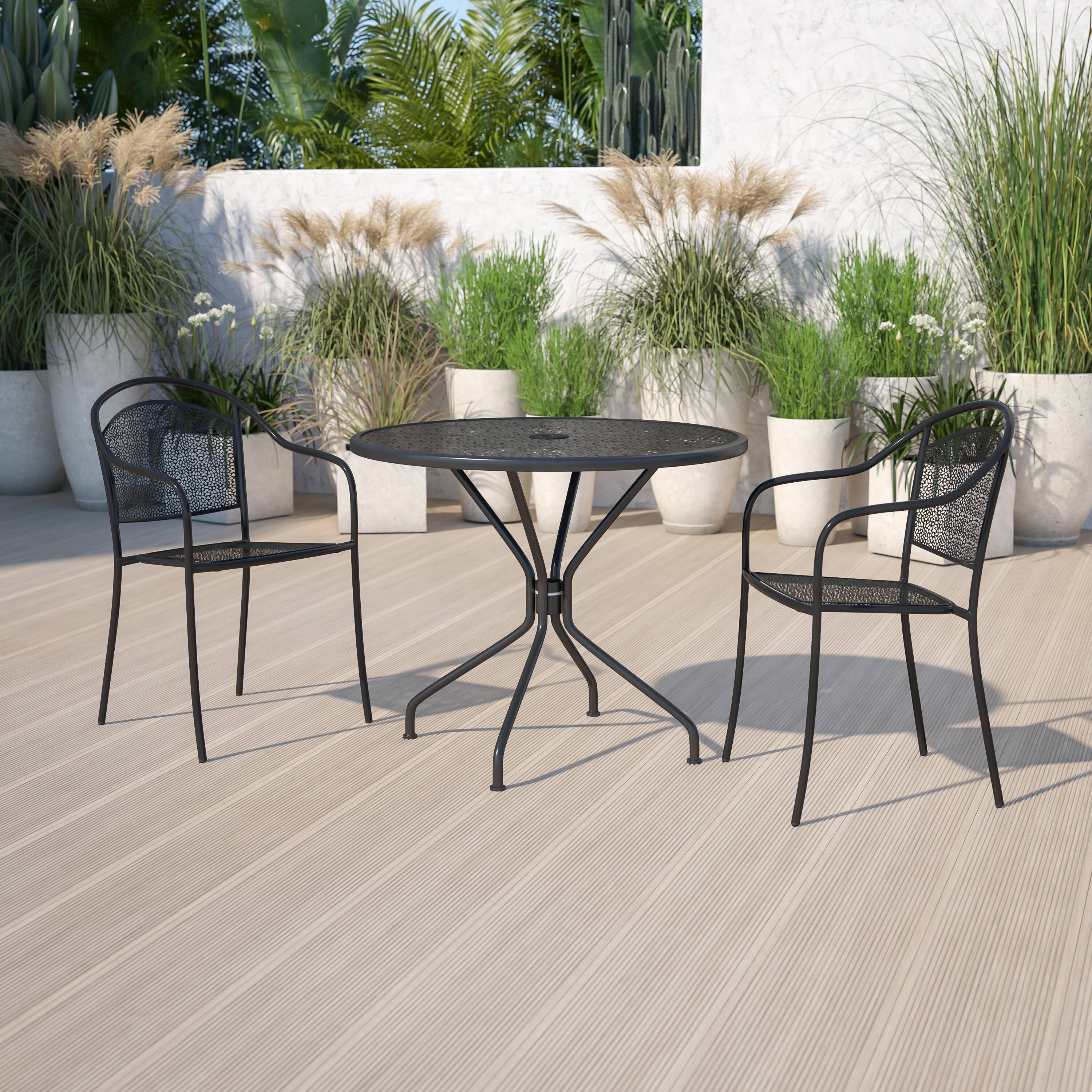 Alt View 1. Emma + Oliver - Commercial Grade 35.25" Round Colorful Metal Garden Patio Table with Umbrella Hole - Black.