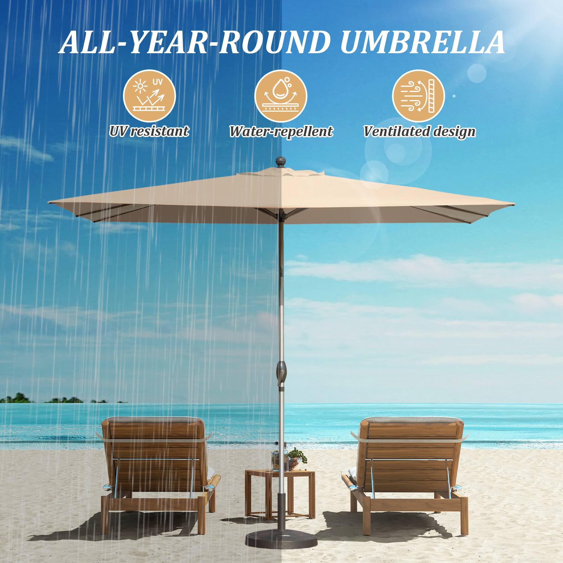ALL-YEAR-ROUND UMBRELLA

- UV resistant
- Water-repellent
- Ventilated design