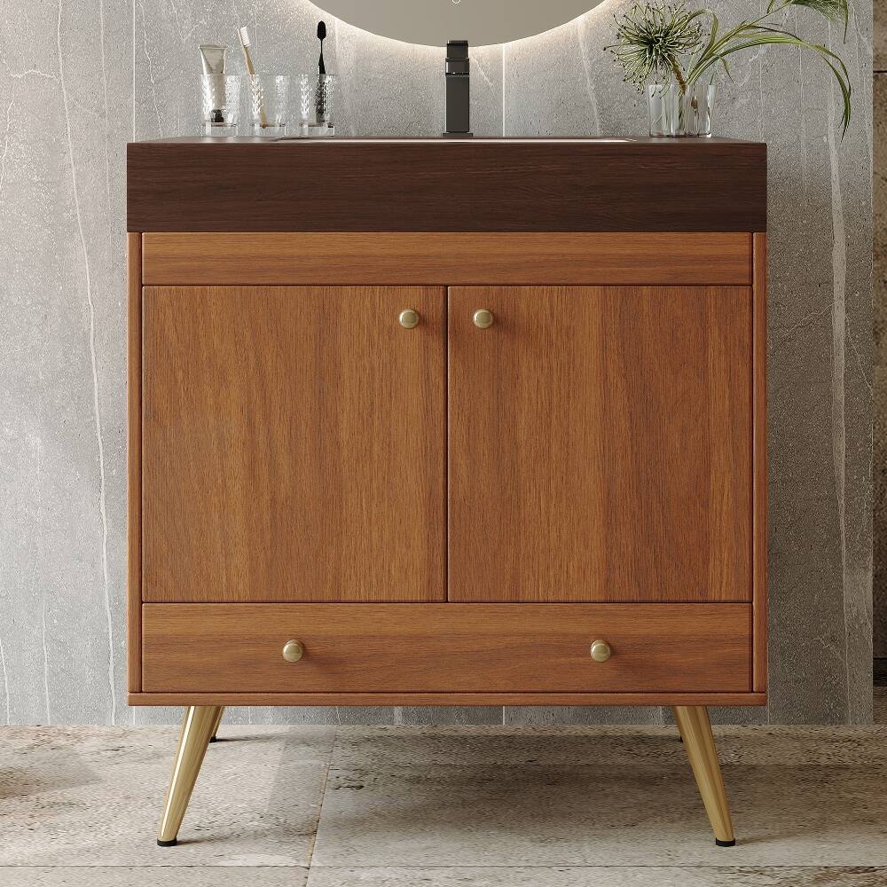 Angle. Loheer - Loheer 30 inch freestanding bathroom vanity Walnut Faux Marble Top Ceramic Sink - Walnut.