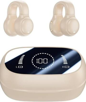 Front. SKRAN - Open-Ear Wireless Headphones Bluetooth -Mini Earbuds Charging Case Ear Buds,Bone Conduction,for Workout,Running, Walking - Off-white.