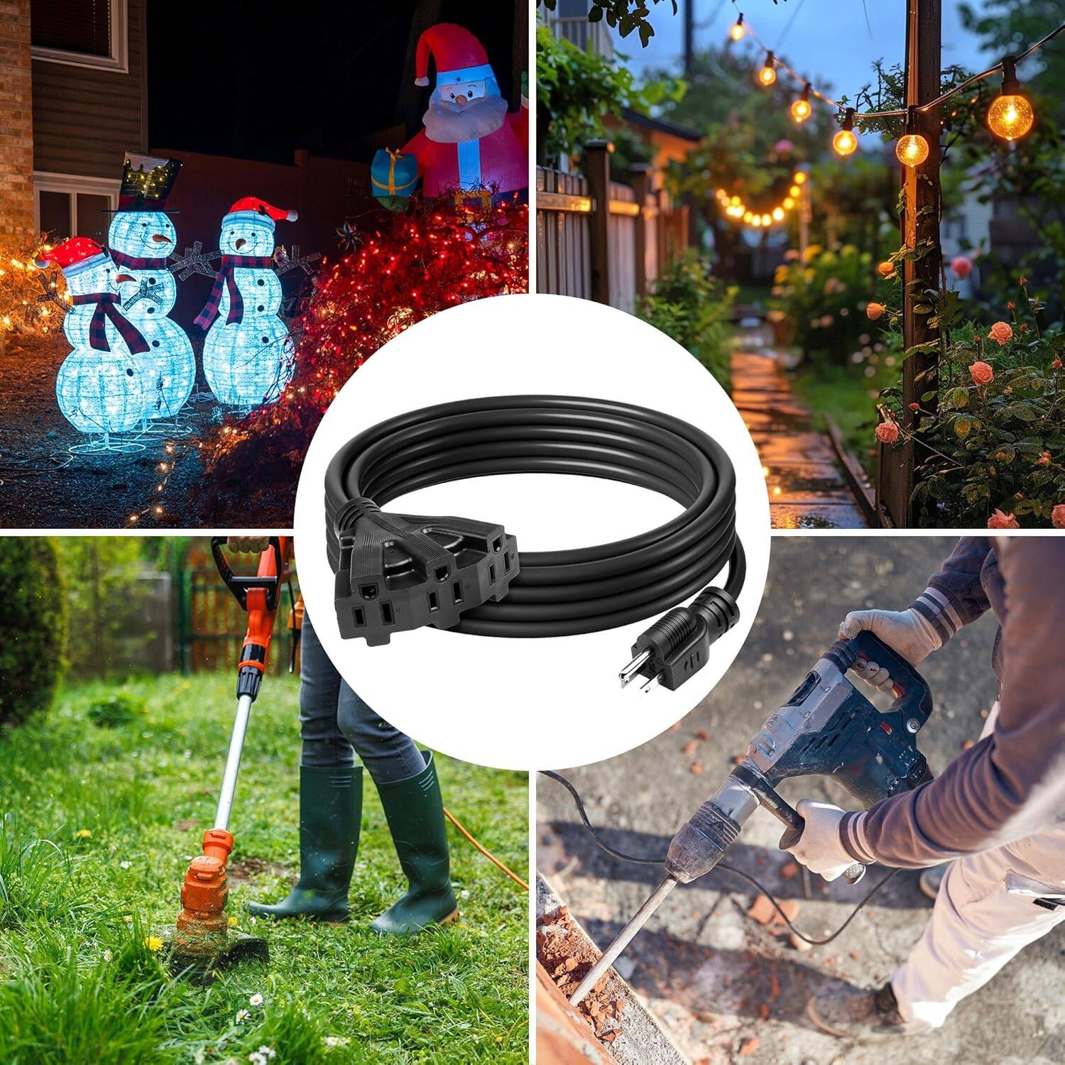 Alt View 4. BN-LINK - BN-LINK 2-Pack 15ft Outdoor Extension Cord, 3 Outlets, 16/3 SJTW, 13A/1625W, Black, Garden & Holiday Use - Black.