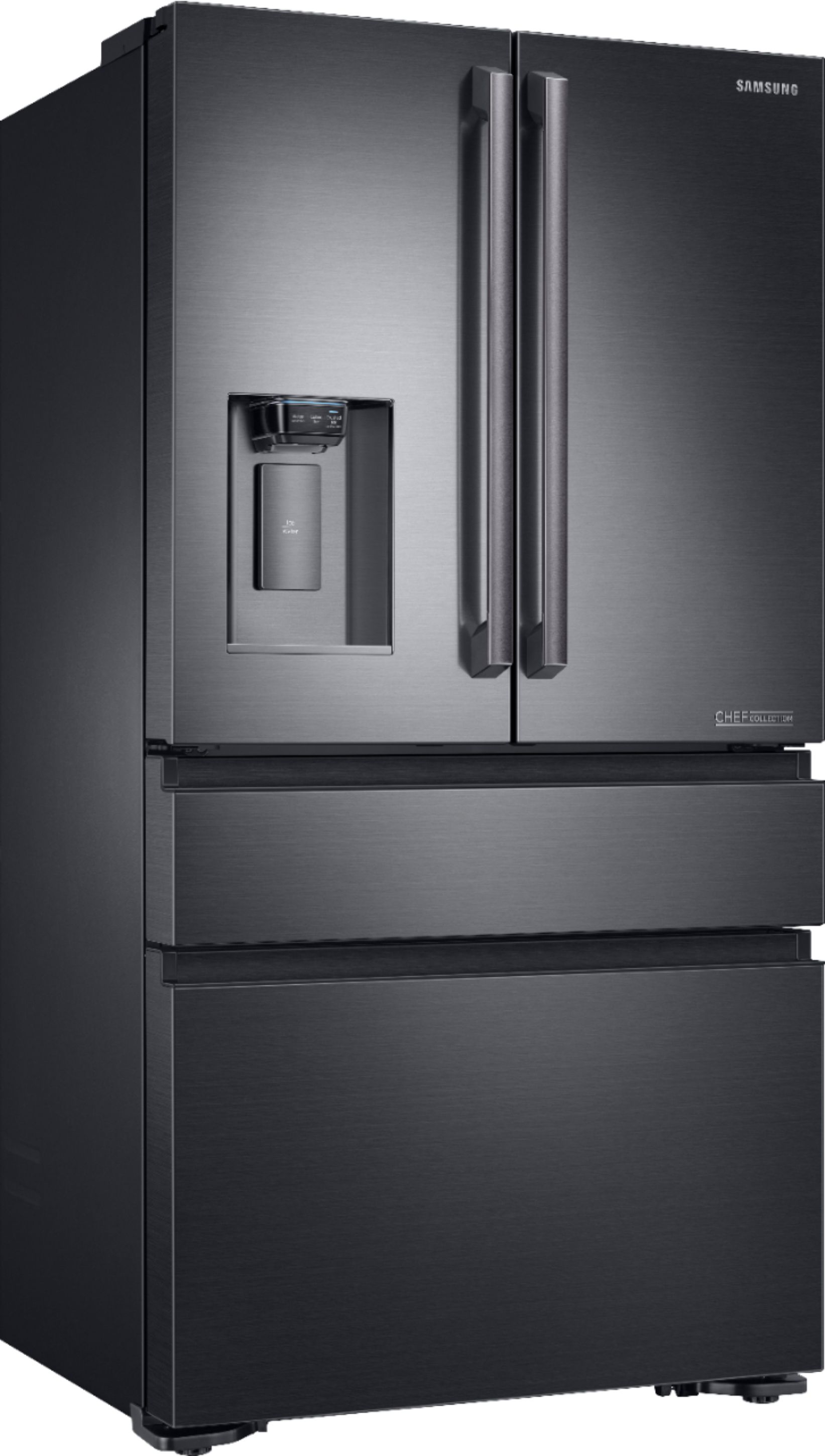 Angle View: Samsung - Chef Collection 22.6 Cu. Ft. 4-Door Flex French Door Counter-Depth Fingerprint Resistant Refrigerator - Matte black stainless steel
