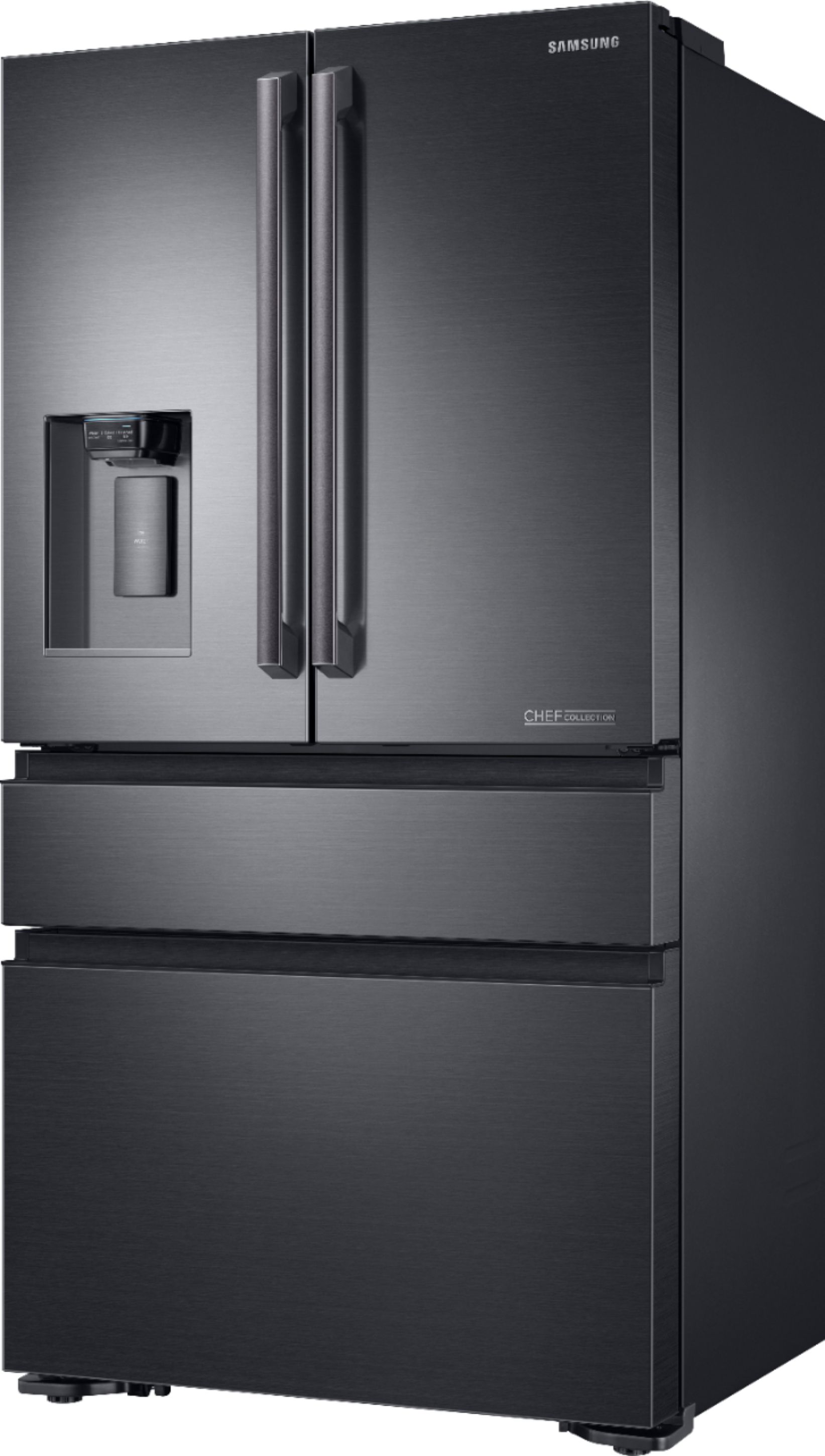 Left View: Samsung - Chef Collection 22.6 Cu. Ft. 4-Door Flex French Door Counter-Depth Fingerprint Resistant Refrigerator - Matte black stainless steel