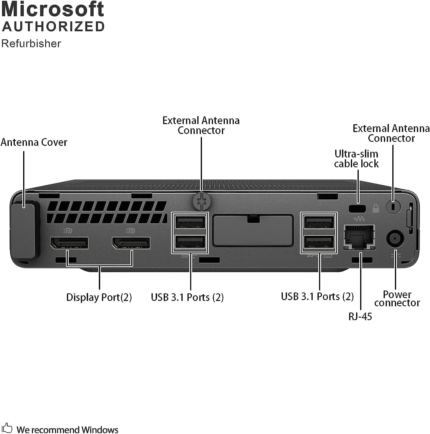 Microsoft AUTHORIZED Refurbisher

- Antenna Cover
- External Antenna Connector
- External Antenna Connector
- Ultra-slim cable lock
- Display Port (2)
- USB 3.1 Ports (2)
- USB 3.1 Ports (2)
- Power connector
- RJ-45

We recommend Windows