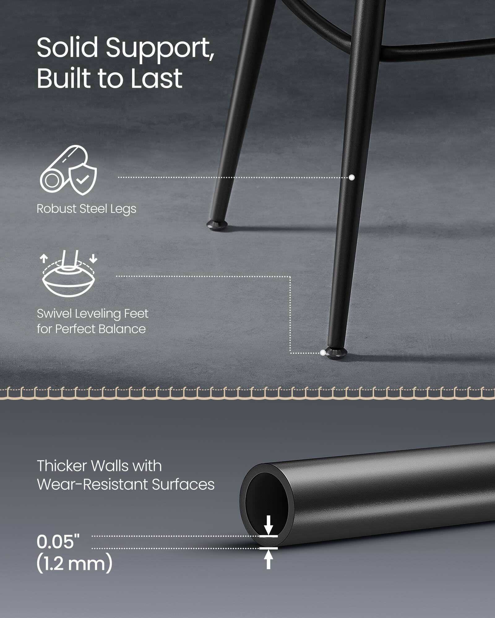 Solid Support, Built to Last  
Robust Steel Legs  
Swivel Leveling Feet for Perfect Balance  
Thicker Walls with Wear-Resistant Surfaces  
0.05" (1.2 mm)