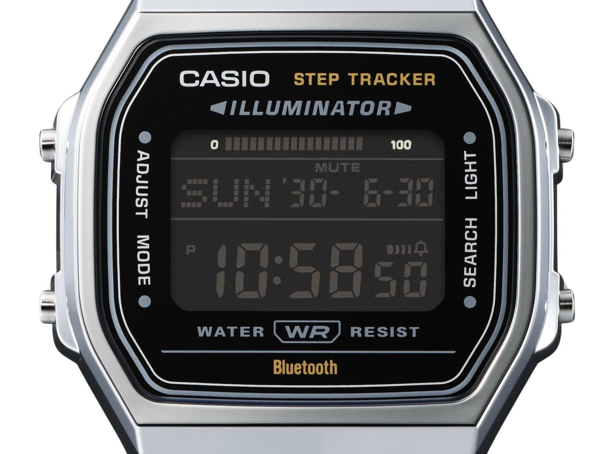 CASIO STEP TRACKER ILLUMINATOR 100 MUTE ADJUST SUN 30-6-30 LIGHT P SEARCH MODE 10:58 50 WATER WR RESIST Bluetooth
