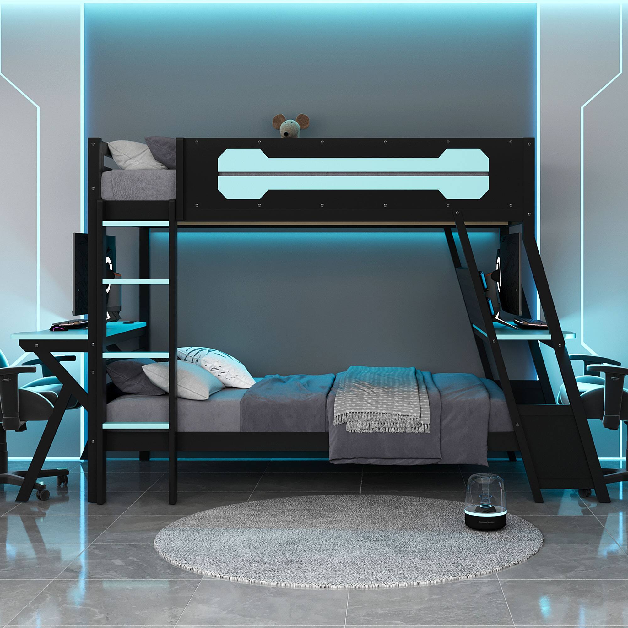 Angle. Anysun - Twin Size Bunk Bed with Two Built-In Gaming Desks, USB Desktop Ports & Pegboard Organizer, Gaming Bunk Frame for Gamer - Blue.