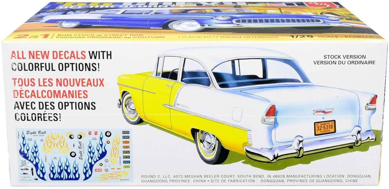 ALL NEW DECALS WITH COLORFUL OPTIONS!  
TOUS LES NOUVEAUX DECALCOMANIES AVEC DES OPTIONS COLOREES!  

BUILD STOCK OR STREET ROD  
CONSTRUIRE ORDINAIRE OU COUTUME  

1/25 SCALE / TAILLE 1/25  

STOCK VERSION  
VERSION DU ORDINAIRE  

ROUND 2, LLC. 4073 MEGHAN BEELER COURT, SOUTH BEND, IN 46628  
GUANGDONG PROVINCE, CHINA - SITE DE FABRICATION: DONGGUAN, PROVINCE DE GUANGDONG, CHINE  

3Z-5318  
FLORIDA  
EIGHT BALL  
BODY SAE 044 NETI  
BODY w0.r9e  
EIGHT BALL  
1955  
1955  
1955  
SP30  

EIGHT BALL  
3Z-5318