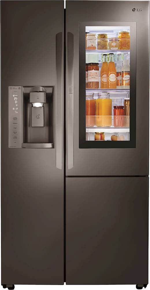 Front. LG - 21.7 Cu. Ft. Side-by-Side InstaView Door-in-Door Counter-Depth Smart Wi-Fi Refrigerator - Black Stainless Steel.