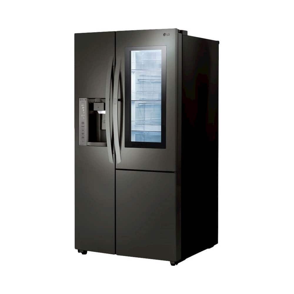 Left. LG - 21.7 Cu. Ft. Side-by-Side InstaView Door-in-Door Counter-Depth Smart Wi-Fi Refrigerator - Black Stainless Steel.