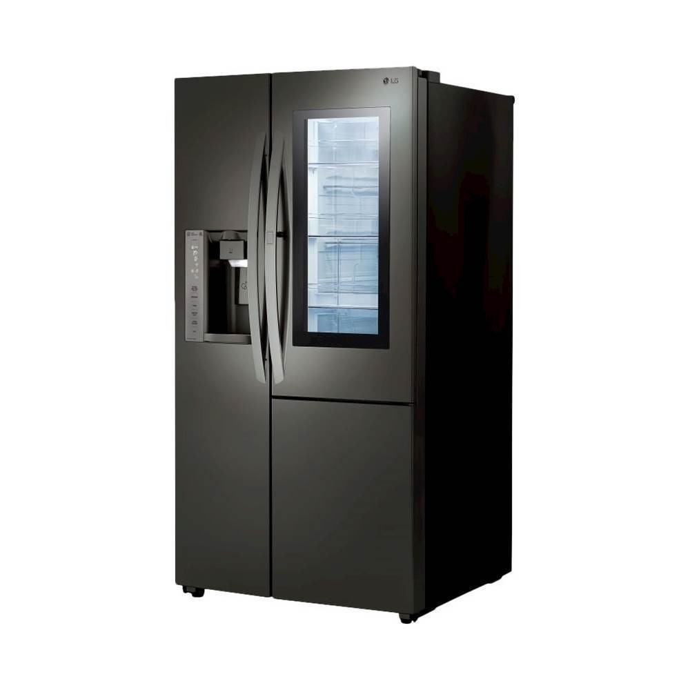 Left. LG - 21.7 Cu. Ft. Side-by-Side InstaView Door-in-Door Counter-Depth Smart Wi-Fi Refrigerator - Black Stainless Steel.