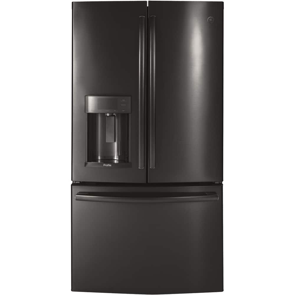 Front. GE Profile - 27.7 Cu. Ft. French Door Refrigerator with Hands-Free AutoFill - Fingerprint resistant black stainless.