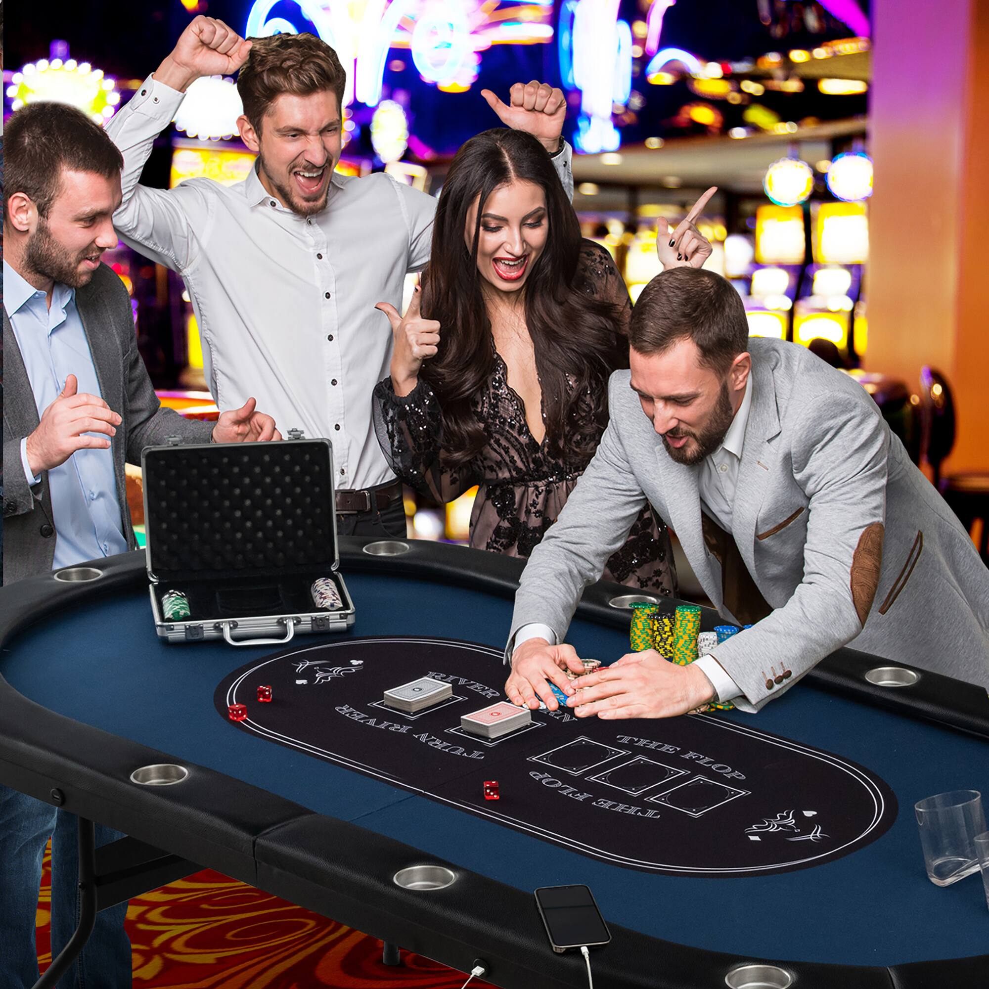 Costway Foldable 10 Player Poker Table Casino Texas Holdem W/ LED