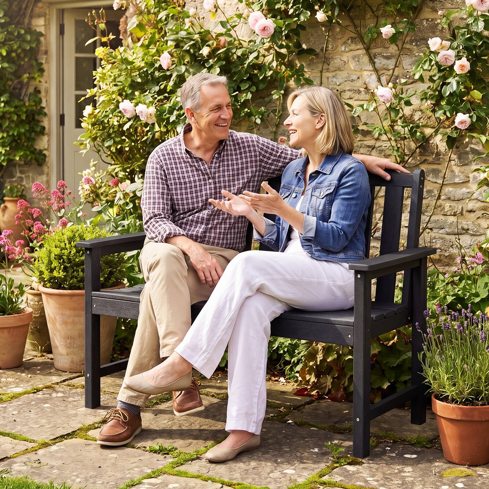 Alt View 3. Gymax - Gymax 2-Person All Weather HDPE Outdoor Garden Bench w/Backrest & Armrests for Lawn Black - Black.