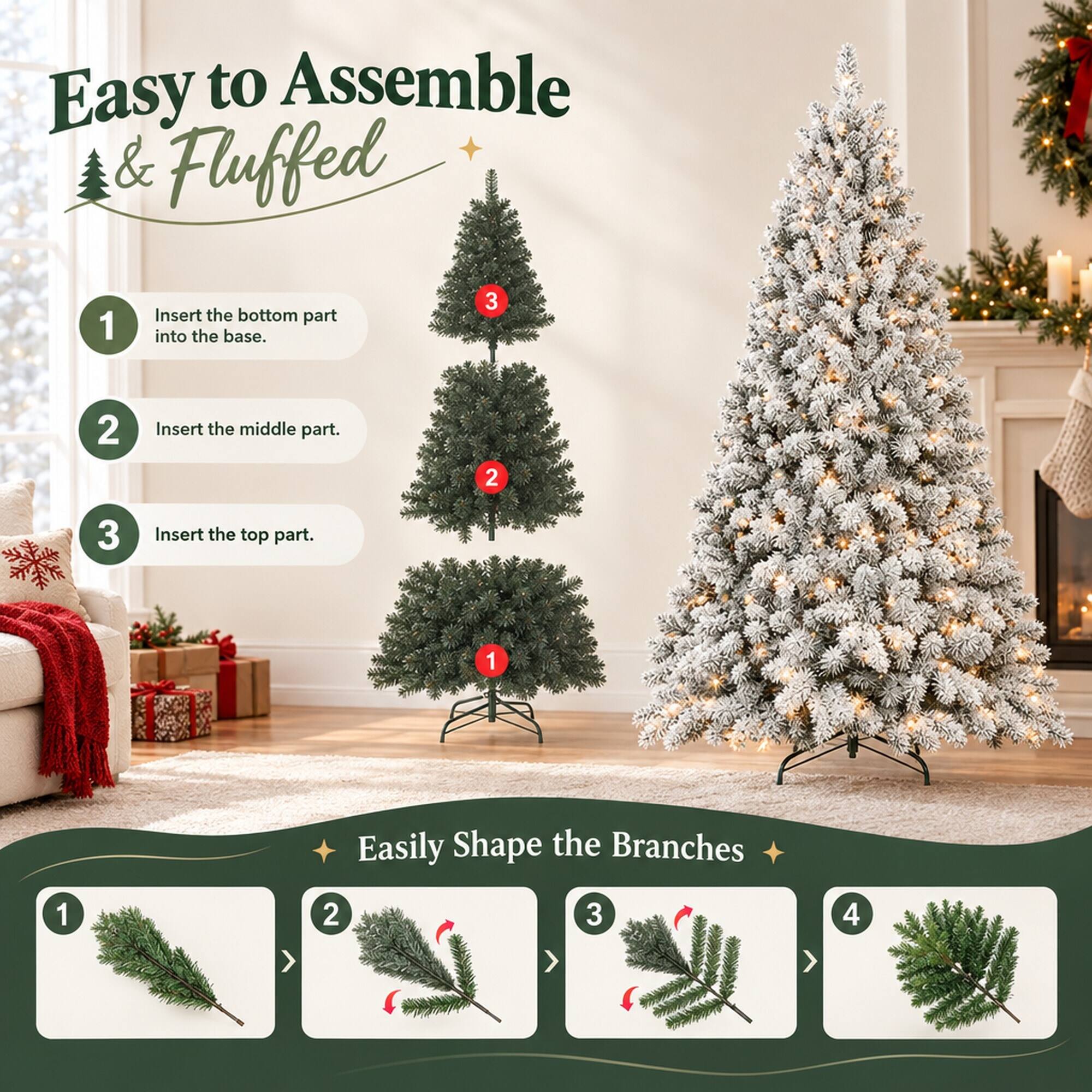 Easy to Assemble & Fluffed

1. Insert the bottom part into the base.
2. Insert the middle part.
3. Insert the top part.

Easily Shape the Branches

1. 
2. 
3. 
4.