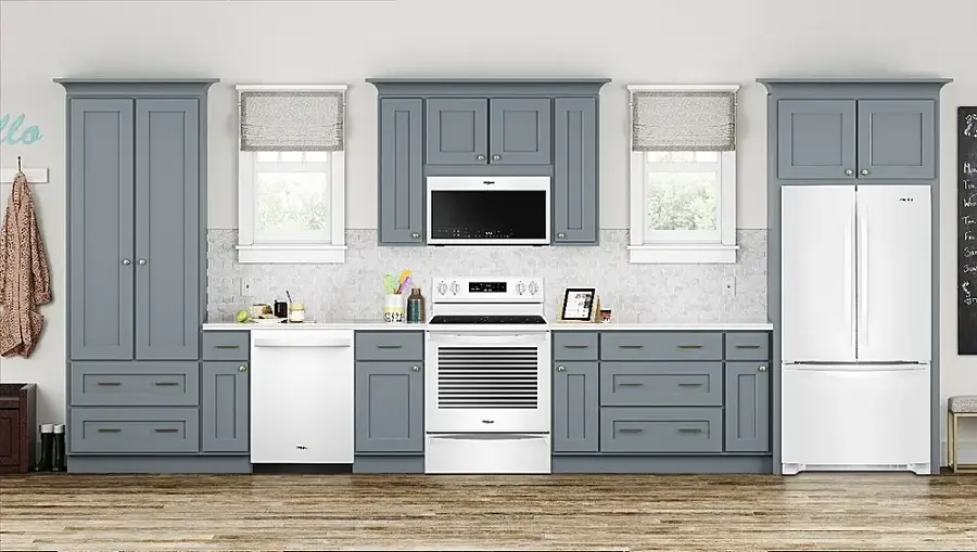 The image features a large kitchen with blue cabinets and white appliances, including a refrigerator, oven, microwave, and sink. The kitchen is well-equipped with various items such as a toaster, bowl, and bottle. The space is decorated with a few potted plants, and there is a TV mounted on the wall. The kitchen also has a dining table and chairs, making it a functional and comfortable space for cooking and dining.