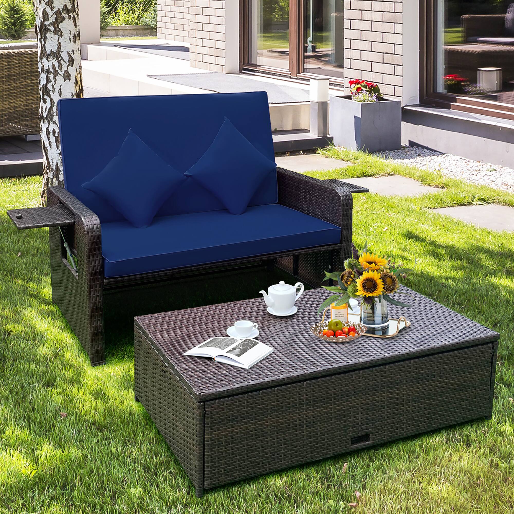 Alt View 4. Costway - Patio Rattan Loveseat Set Daybed Lounge Storage Ottoman Side Tables Adjust - Navy.