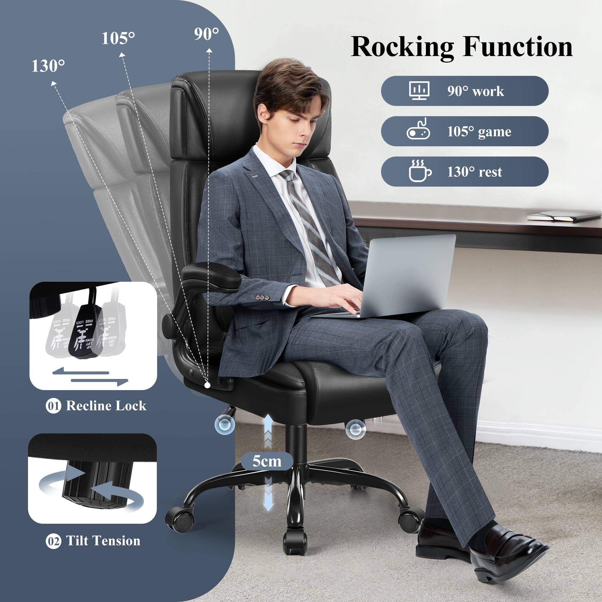 130° 105° 90° Rocking Function  
90° work  
105° game  
130° rest  

01 Recline Lock  
02 Tilt Tension  

5cm