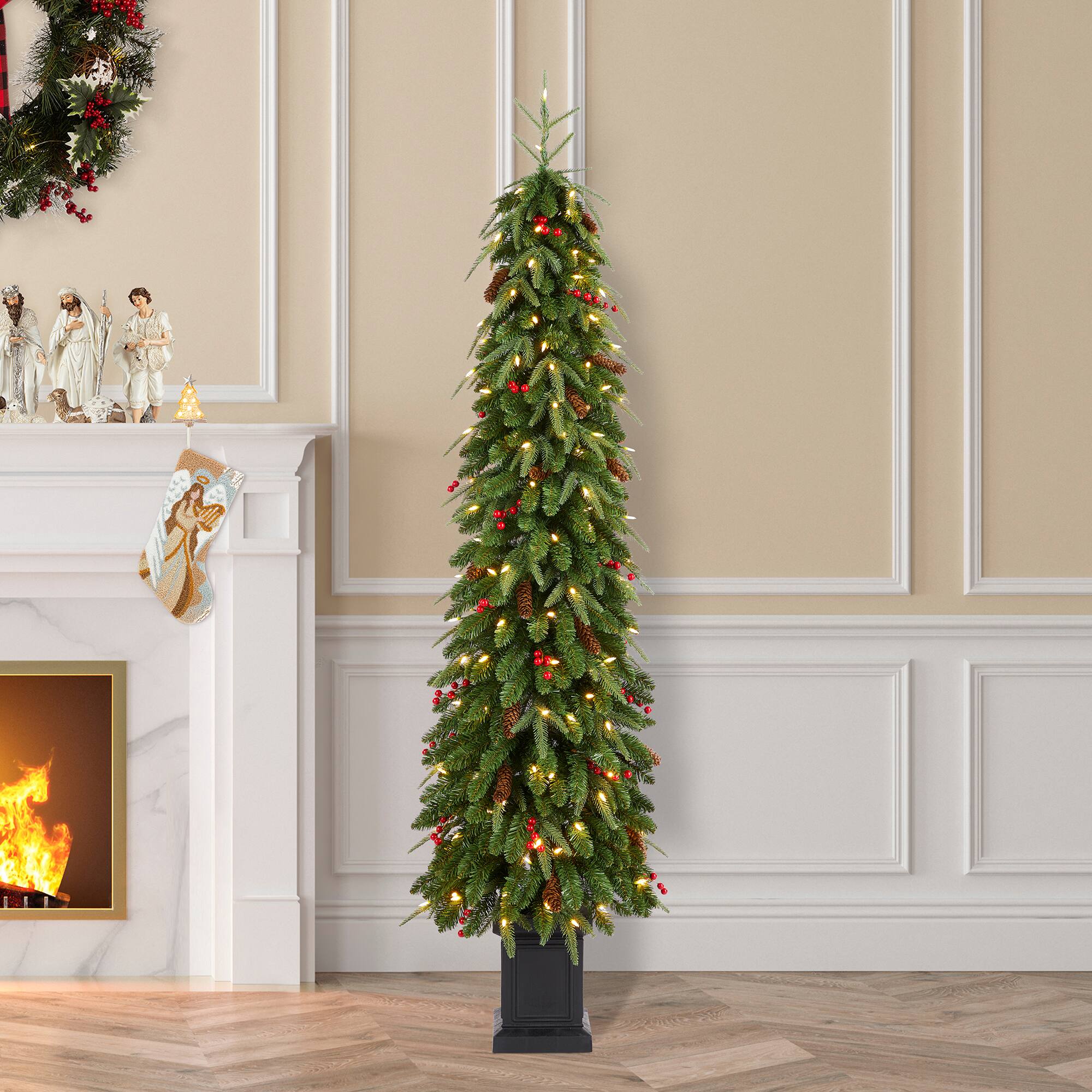 Alt View 3. Glitzhome - 6ft Pre-lit Green Artificial Christmas Porch Tree, red berries,pinecones, 180 warm white lights,3 function, Foot Pedal - Green.