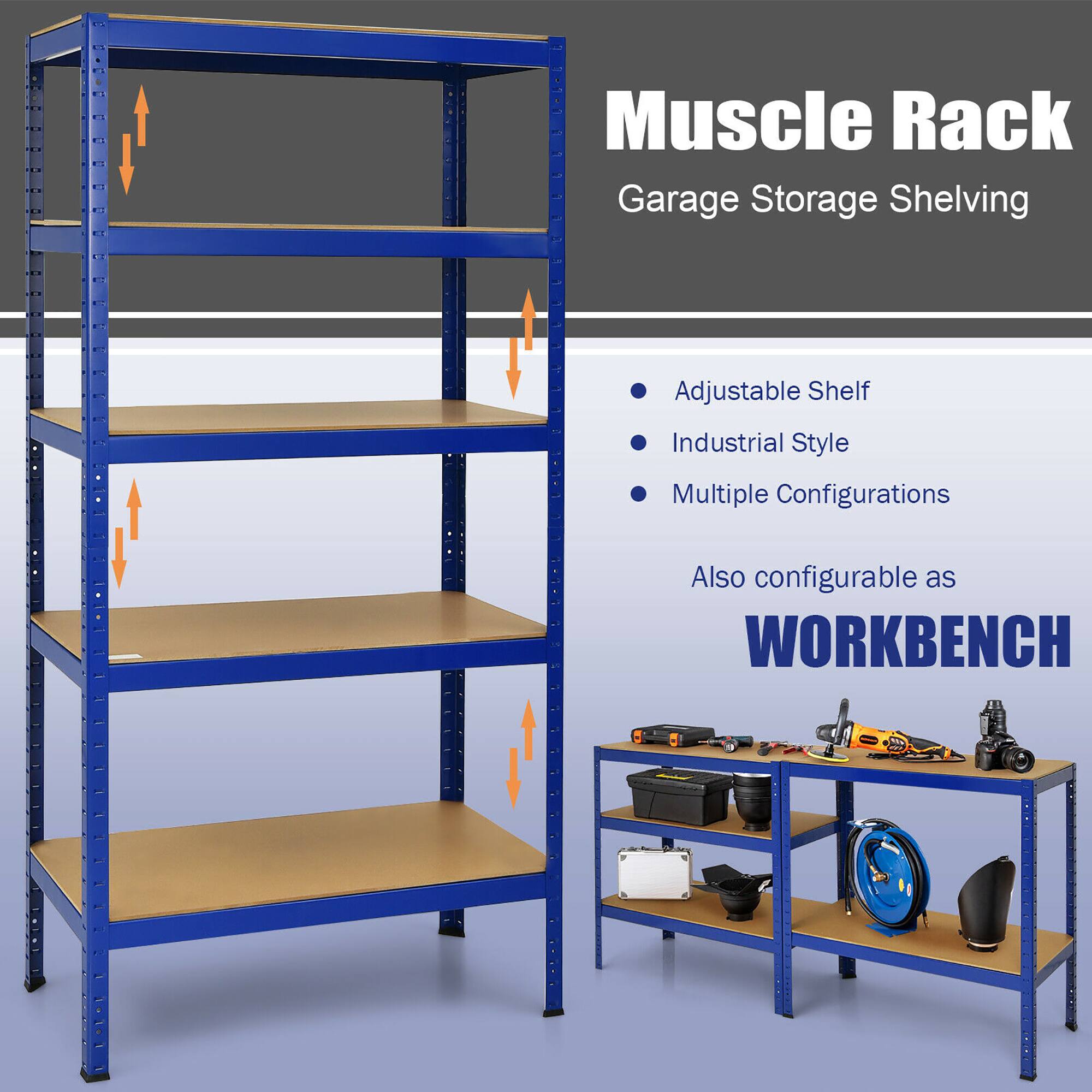 Muscle Rack Garage Storage Shelving Adjustable Shelf Industrial Style Multiple Configurations Also configurable as WORKBENCH