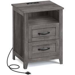 Songmics Home - Farmhouse Nightstand with Charging Station, Bedside Table, Side Table with 2 Drawers, Open Compartment, for Bedroom - Misty Gray
