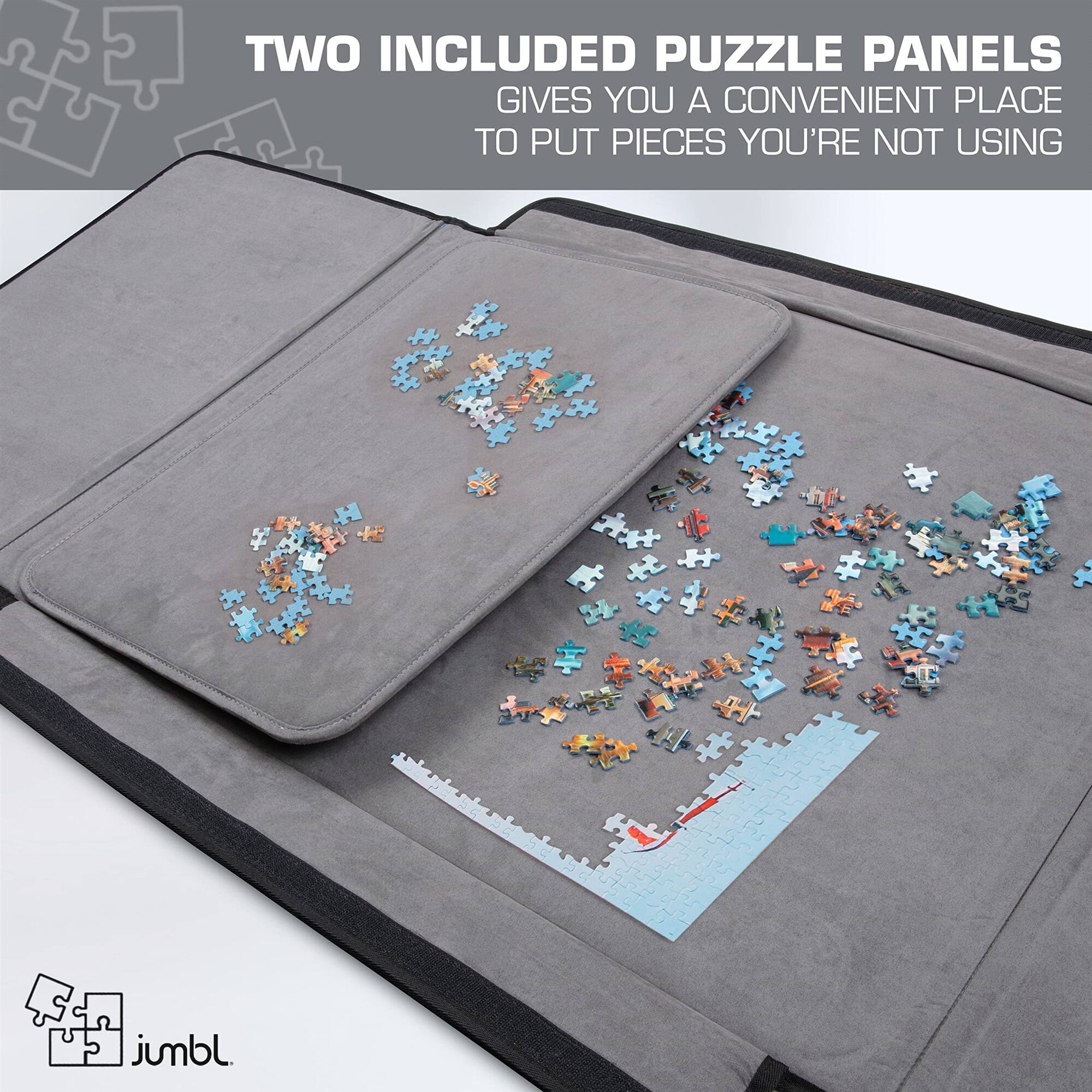 TWO INCLUDED PUZZLE PANELS GIVES YOU A CONVENIENT PLACE TO PUT PIECES YOU'RE NOT USING jumbl.