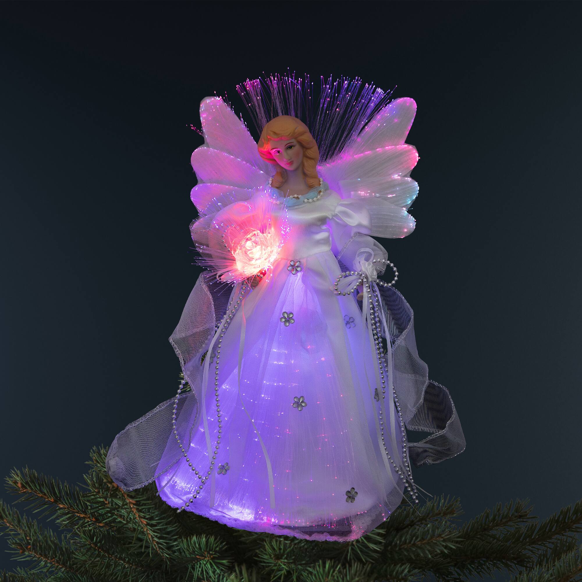 Northlight - Color-changing Fiber Optic Angel with Rose Christmas Tree Topper - 12" - White
