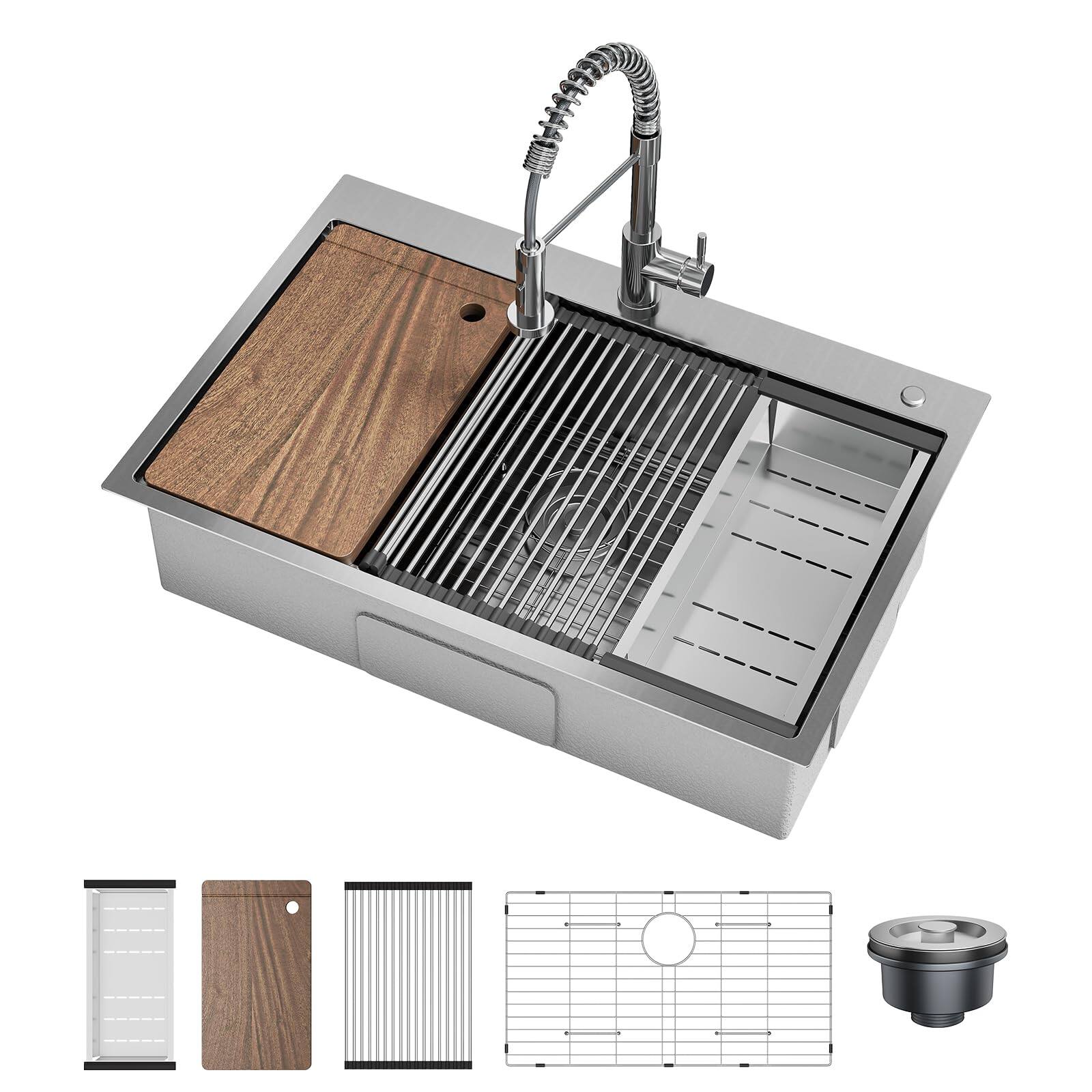 Babevy - 33 x 22 x 9 Inch Drop-In Kitchen Sink, Single Bowl Topmount w/ Pull-Out Faucet, Cutting Board, Dish/Drying Rack - Silver