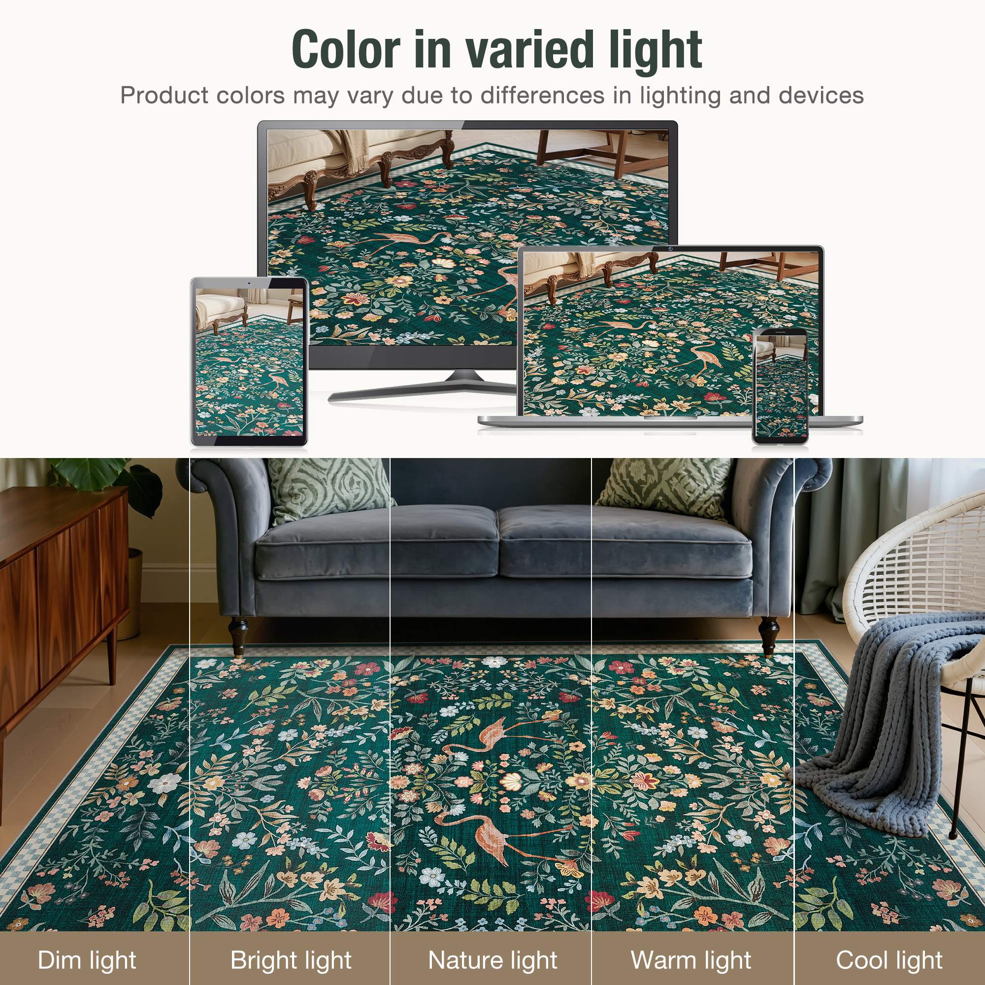 Color in varied light  
Product colors may vary due to differences in lighting and devices  

Dim light  
Bright light  
Nature light  
Warm light  
Cool light