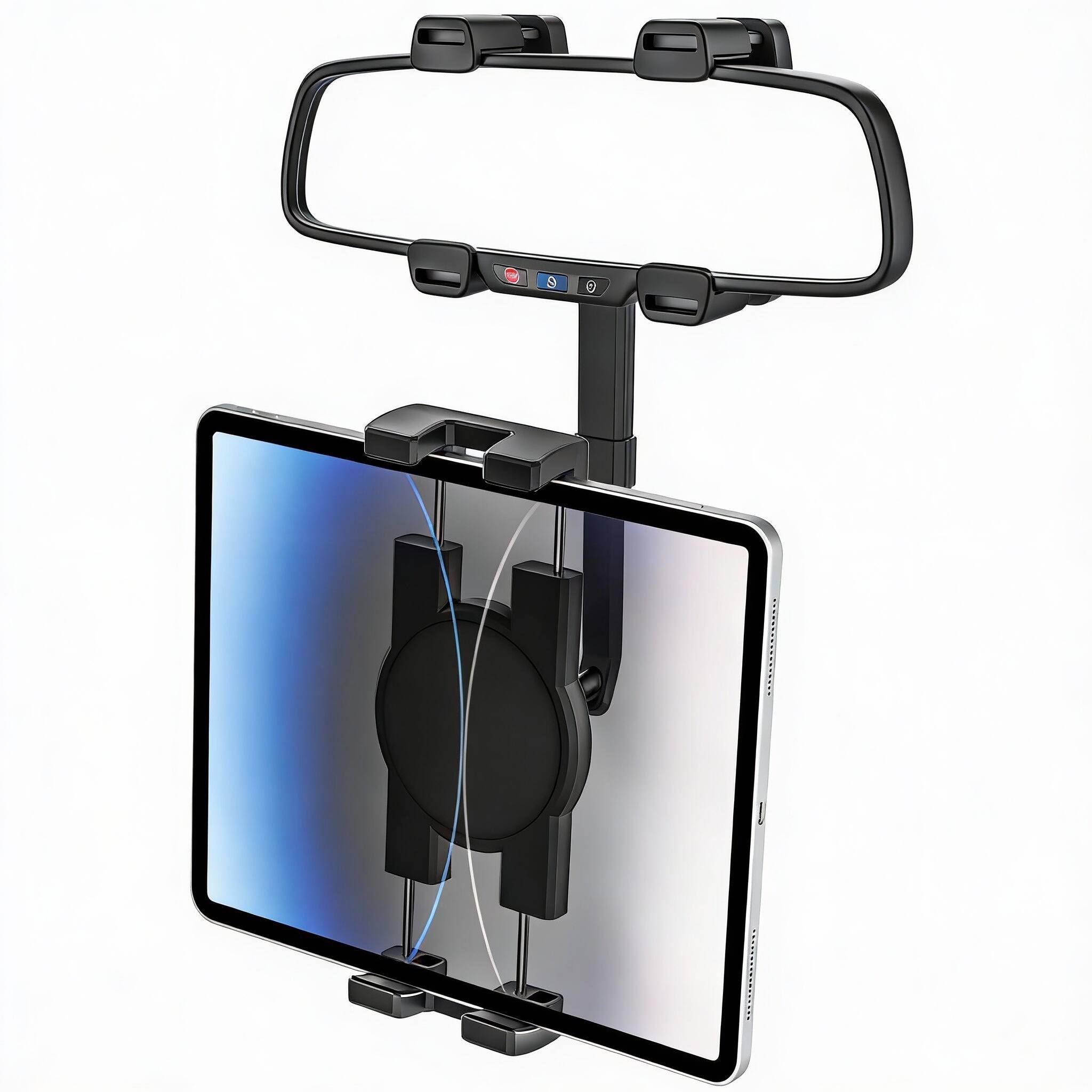 Front. OMOMMD - Tablet Holder For Car Rearview Mirror Upgraded Wider Clip Rear View Mount Rotatable And Retractable Ipad Pr... - Default.