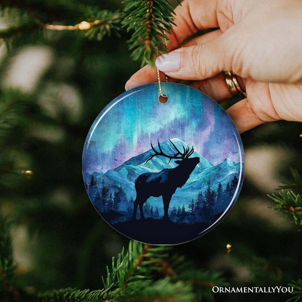 Alt View 1. OrnamentallyYou - Majestic Aurora Elk Ceramic Ornament, Northern Lights Wilderness Stag Gift and Tree Decor - Multi-colored.